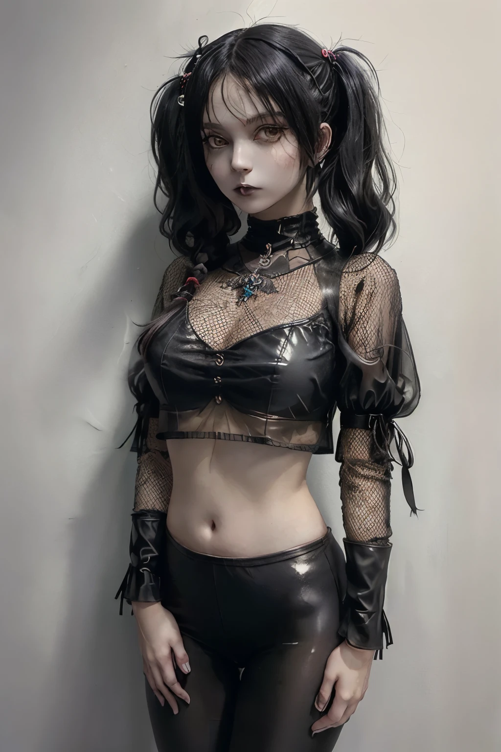 A beautiful Gothic Satanic Witch with black high pigtails hairstyle wearing a transparent mesh top and leather leggings ((best quality)), ((masterpiece)), (detailed), perfect face