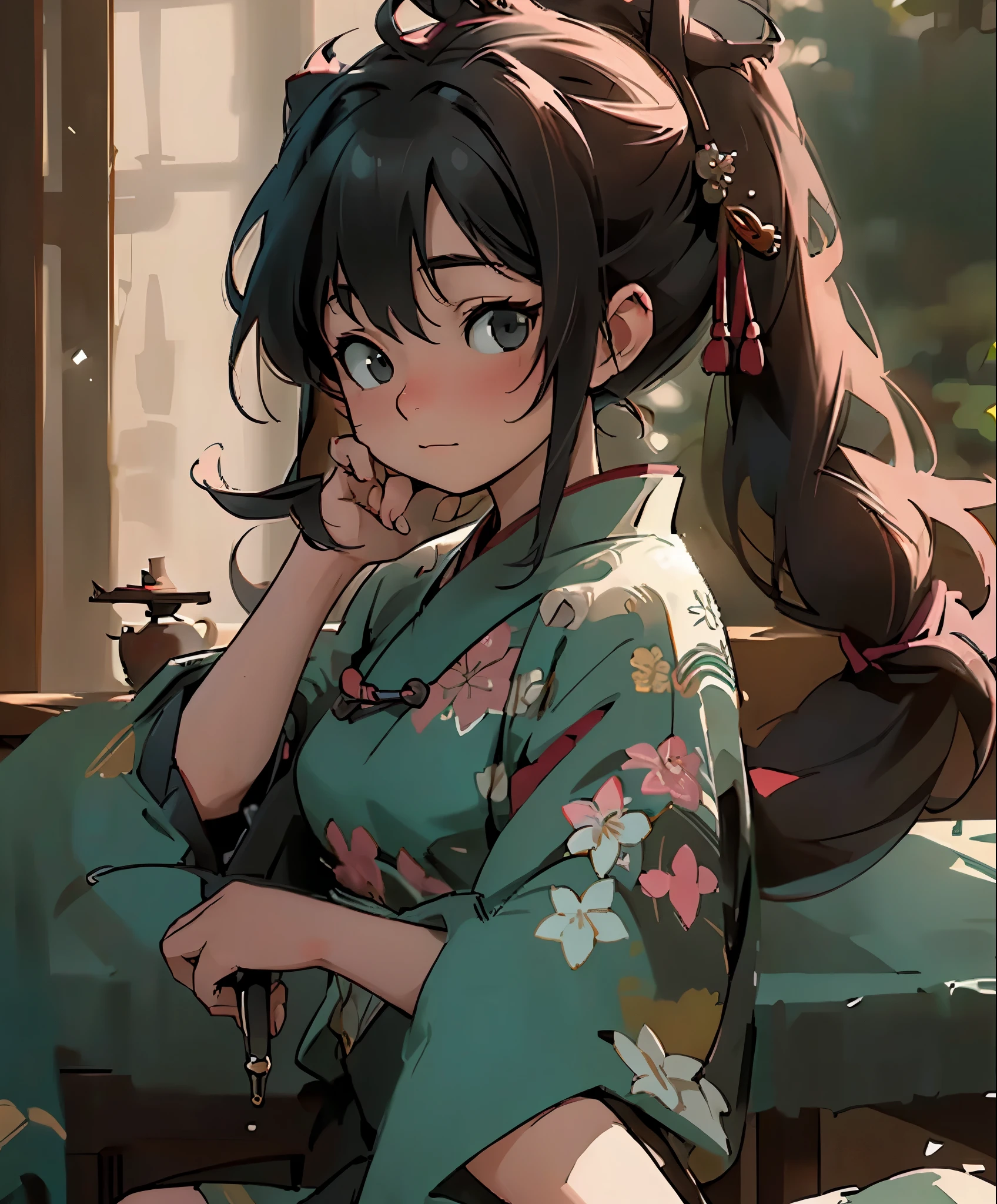 (masterpiece、highest quality、highest quality、official art、beautiful beautiful:1.2)、(1 girl:1.3)Hatsune Miku、twin tails,Photo of a beautiful girl in traditional Chinese dress looking at an ancient Chinese book under a lamp on a low table in an old walled garden on a peaceful evening,((he has a pen in his right hand.、Place your left hand on the table)),((table top)),realistic,4k,,((beautiful big eyes))