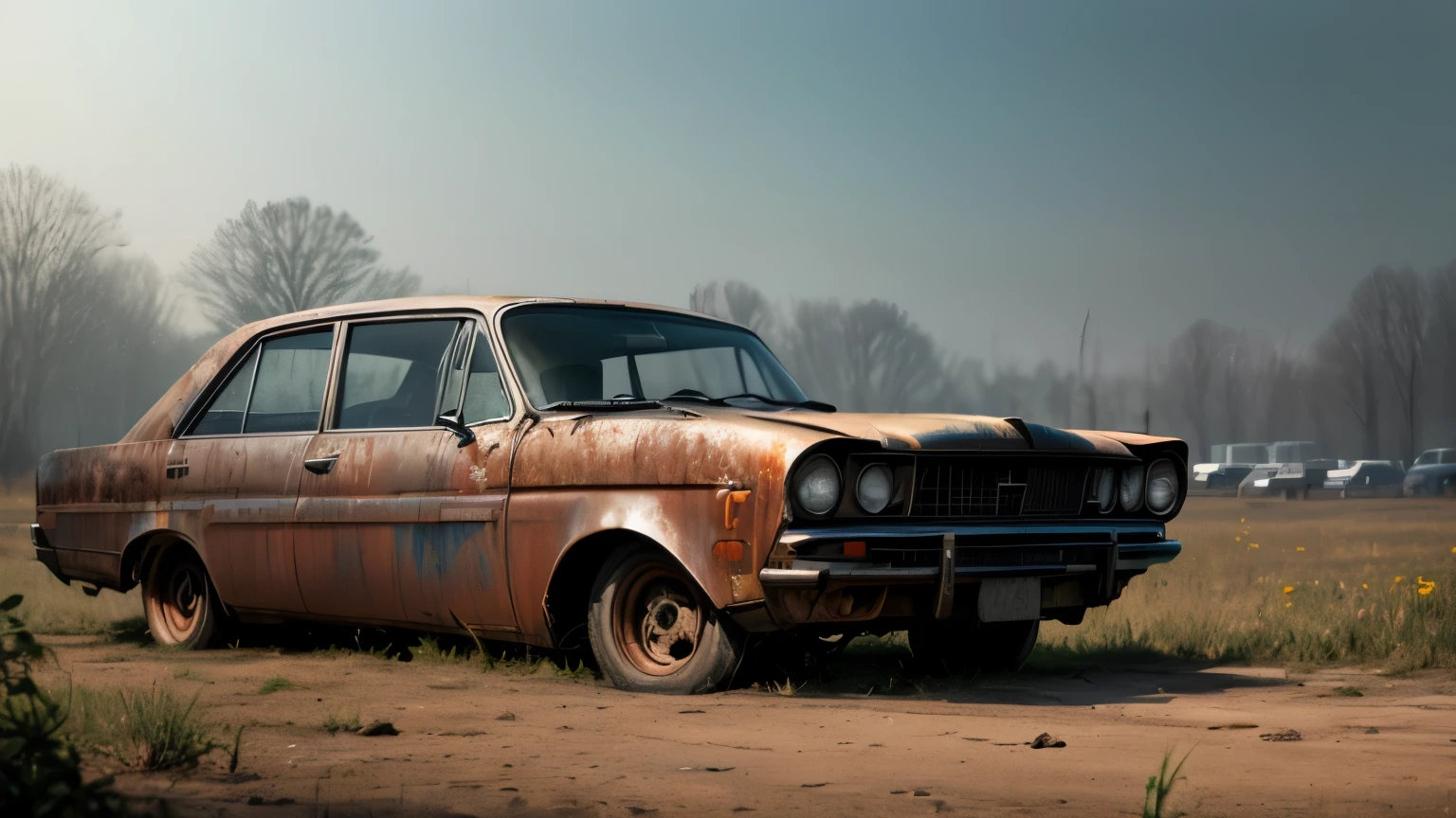 Abandoned cars, dark rusted metal, damaged (broken,wrecked) cars, weeds are growing