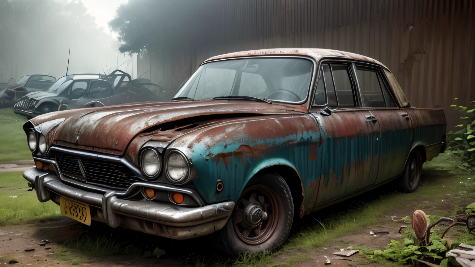 Abandoned cars, dark rusted metal, damaged (broken,wrecked) cars, weeds are growing