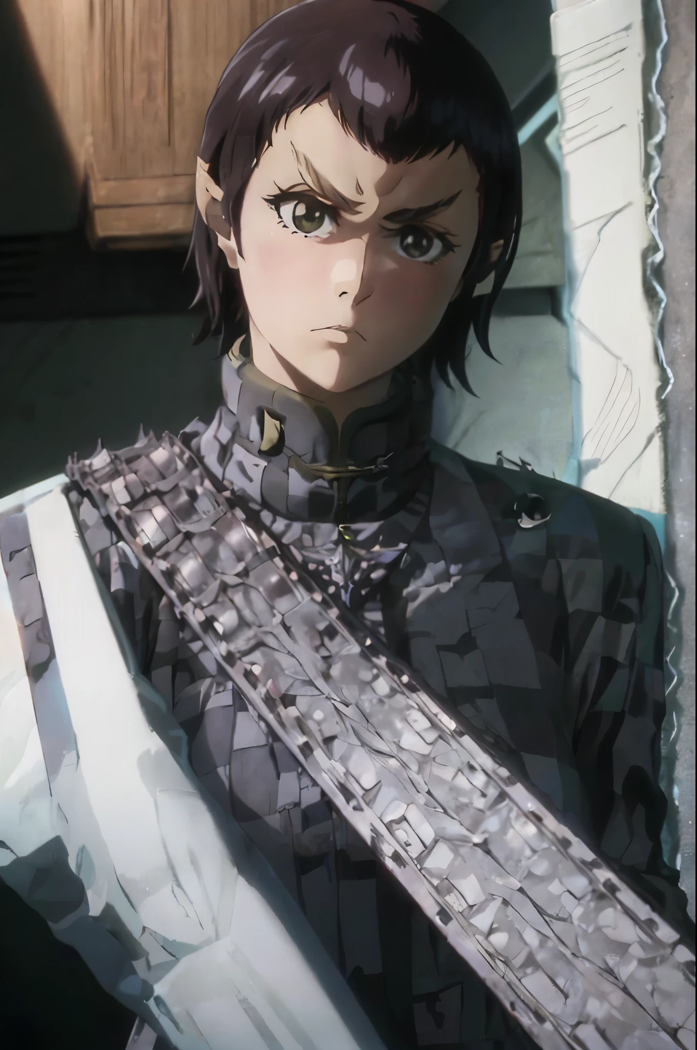 fullbody fullframe masterpiece high quality best quality bleach style romulan female very moody expression pointy eyebrows pointy ears forehead ridge