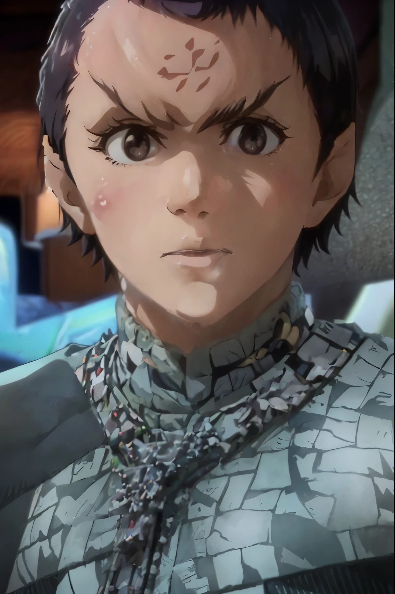 fullbody fullframe masterpiece high quality best quality bleach style romulan female moody expression pointy eyebrows pointy ears forehead ridge 