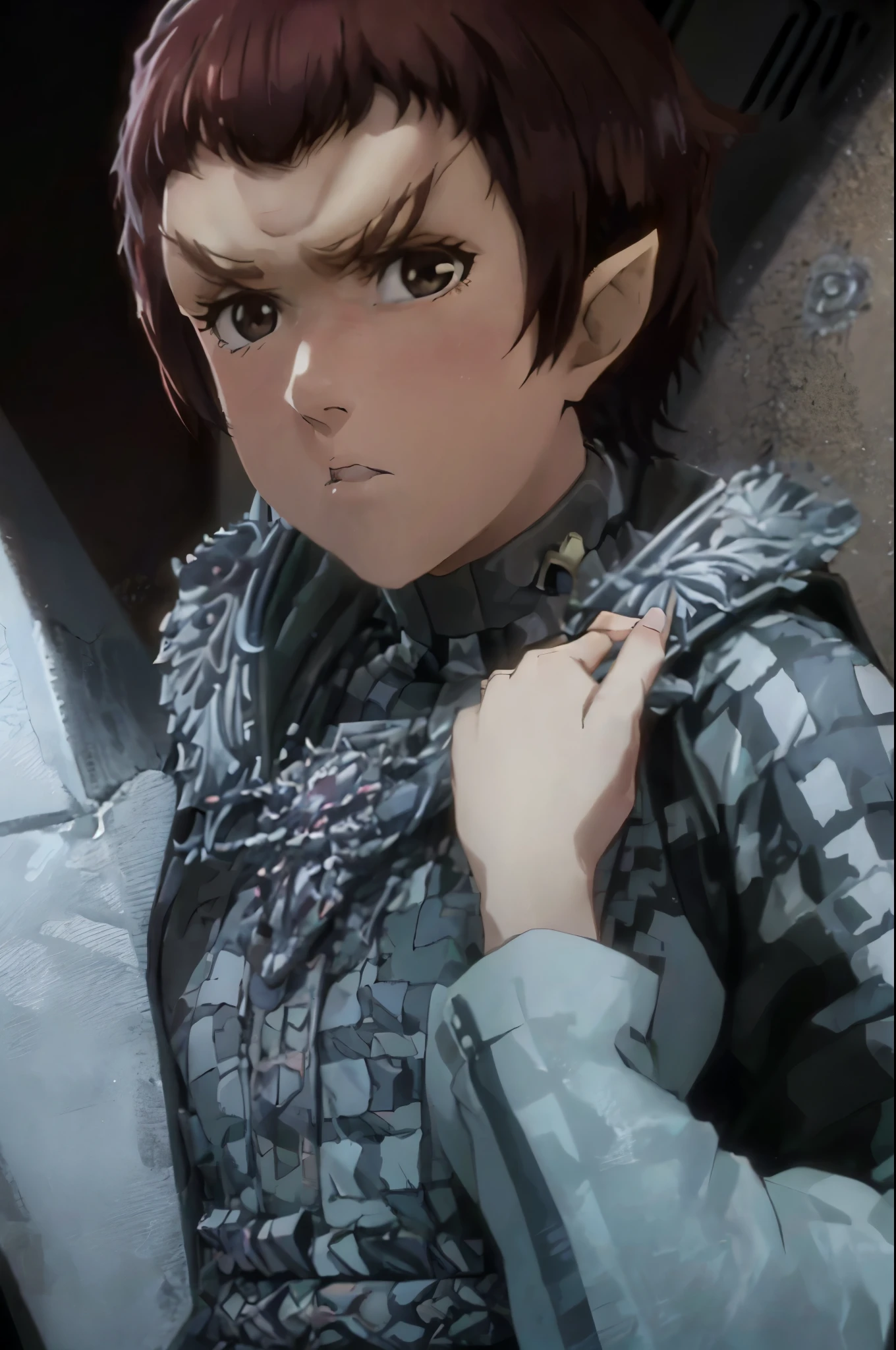 fullbody fullframe masterpiece high quality best quality bleach style romulan female moody expression pointy eyebrows pointy ears forehead ridge 