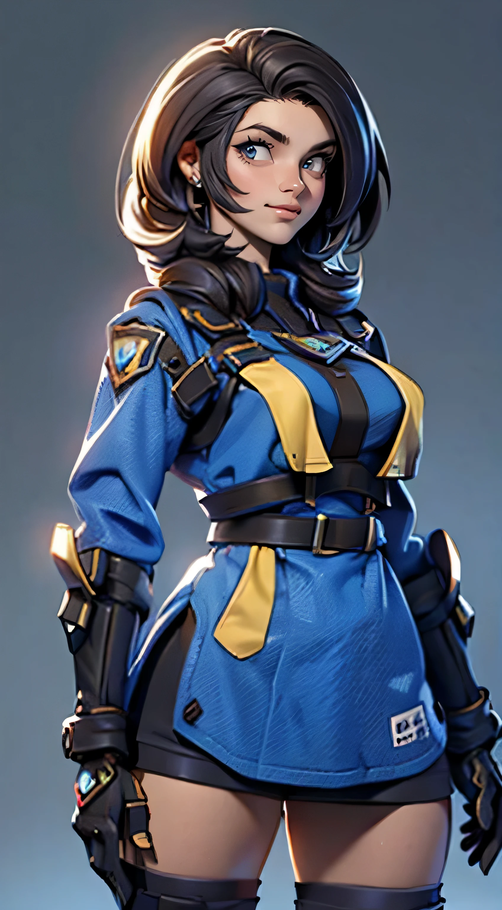 11:23(((best quality: 1.4))),(Unparalleled masterpiece), (ultra high definition),(Hyper-realistic 8K CG)、(one hand action),Double tail,(dark hair) ((( Body))), (((1 girl in))), 25-year-old American soldier with perfect Body,,Beautiful and well groomed face,muscular Body:1.2,Solid royal blue dress with details, (Pictures from head to thighs), Complex equipment, Purple,The clothes inside are dark,Clothes with armored metal electronic parts,big,Strong build
