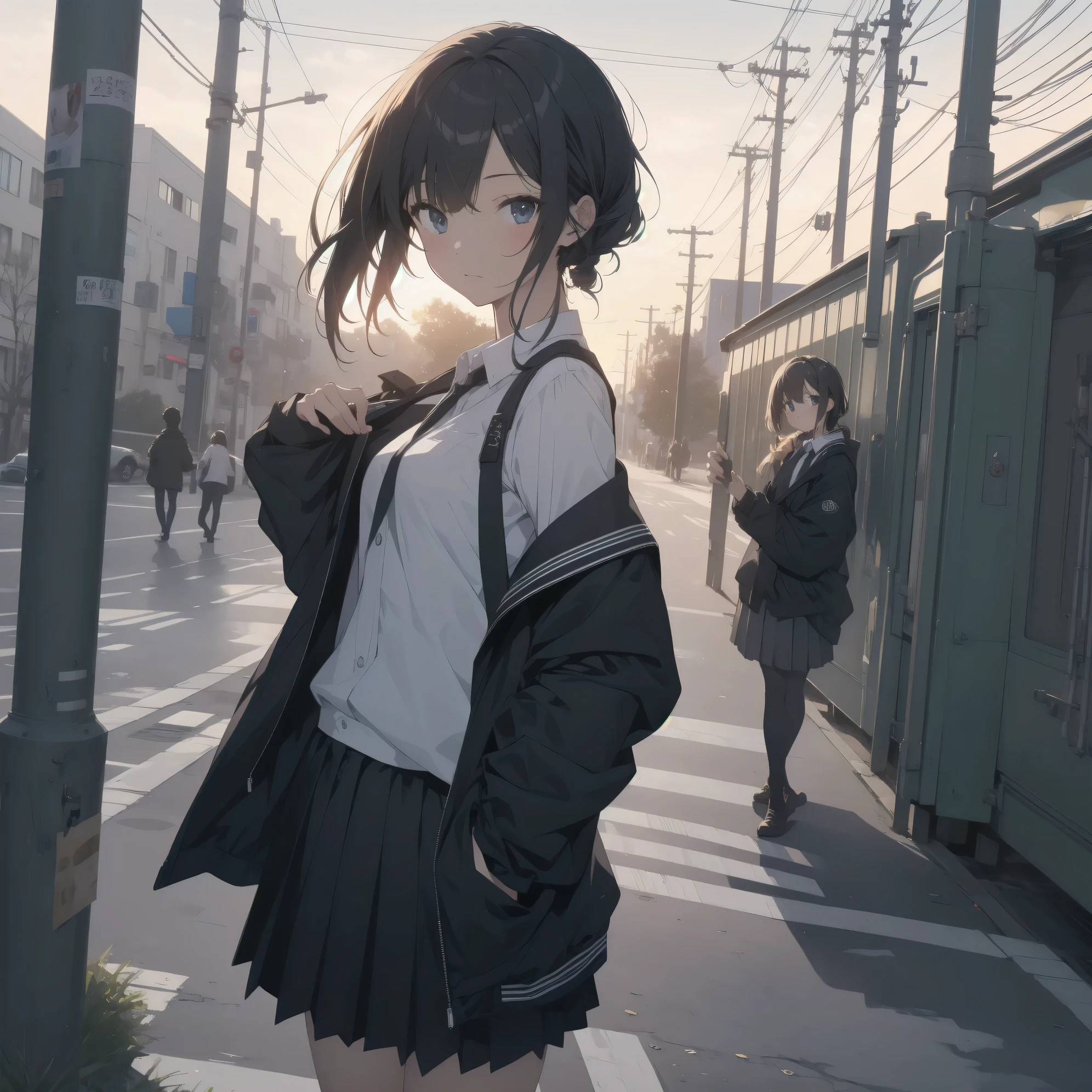 Super absurd quality by the god of art, super detailed, High resolution, artist:Fujiyama, artist:Okada_your, artist:Sekiya_Asami, anime moe art style, Best Anime 8K Kona-chan Wallpaper, pixiv contest winner, perfect anatomy, break,(眠そうにalone学校へ行く女の子を描いてください. )break,1 girl, (alone,little woman, baby face, 13 years old:1.3),All limbs, full finger,, The charm of an immature body, (very_short hair), small black eyes, detailed and beautiful eyes, Well-proportioned iris and pupils, expressive eyes, sleepy eyes, High resolutionの詳細な髪, neck ribbon, skirt, collared shirt, pleated skirt, school uniform, school bag,(detailed lighting), (detailed background), On the way to school. break,super dense skin, Best cinematic lighting powered by famous artist, 8k,figure,photoshop_(Moderate),Absurd Hi-Res,Hmm,rough skin