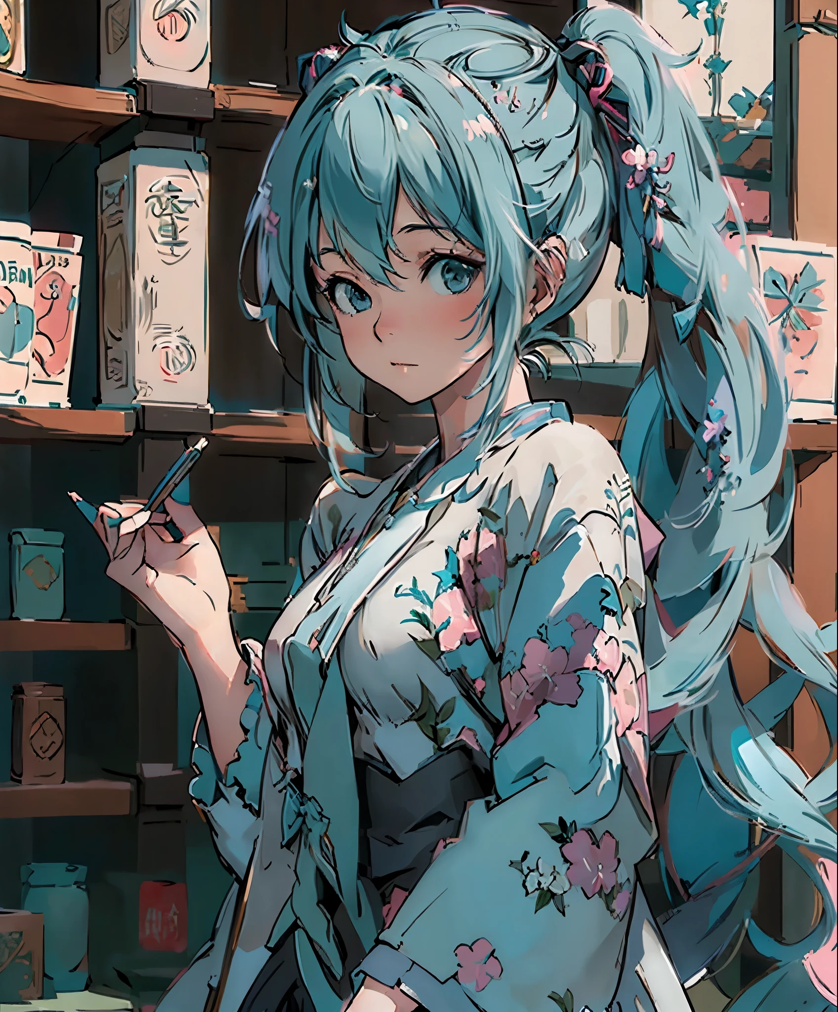 (masterpiece、highest quality、highest quality、official art、beautiful beautiful:1.2)、(1 girl:1.3)Hatsune Miku、twin tails,library、I read a book、beautiful breasts、Large bookshelf
