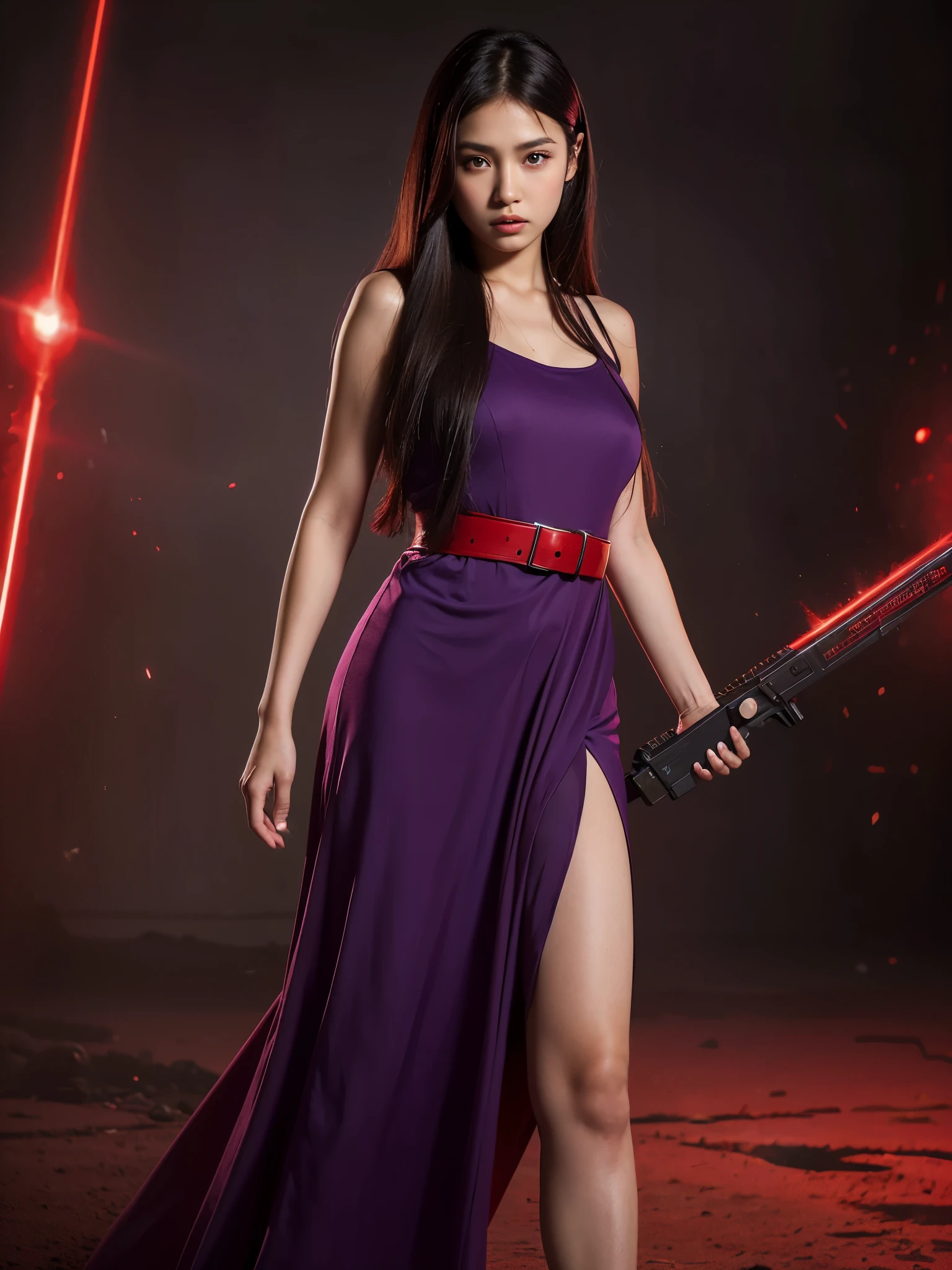 photorealistic rendering, hyperrealistic,
A beautiful girl with a mixed Indonesian and Asian face, body slim,long hair, wearing a long purple dress and red belt, and high black boots, standing with a pair of double guns in her hands, staring sharply at the enemy, a red laser interface background that says "AISHA"