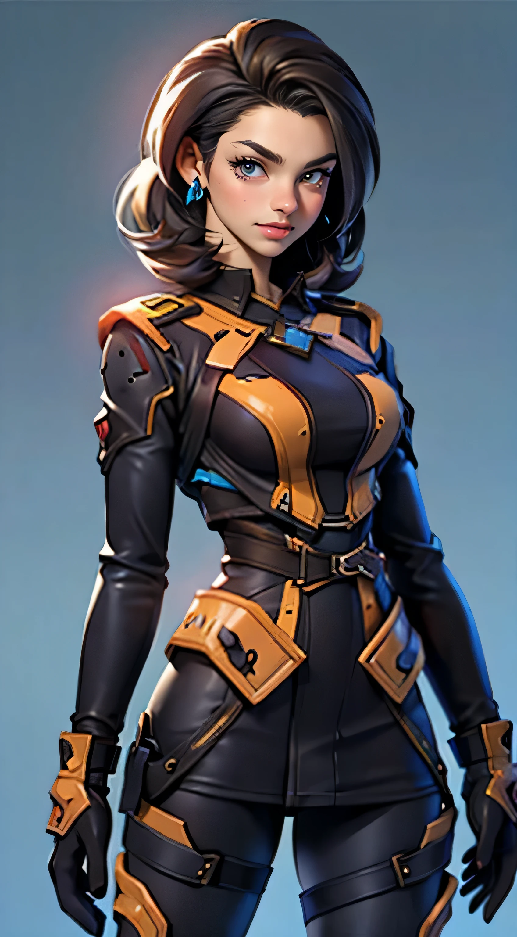 11:23(((best quality: 1.4))),(Unparalleled masterpiece), (ultra high definition),(Hyper-realistic 8K CG)、(one hand action),Double tail,(dark hair) ((( Body))), (((1 girl in))), 25-year-old American soldier with perfect Body,,Beautiful and well groomed face,muscular Body:1.2,Solid royal blue dress with details, (Pictures from head to thighs), Complex equipment, Purple,The clothes inside are dark,Clothes with armored metal electronic parts,big,Facing the camera