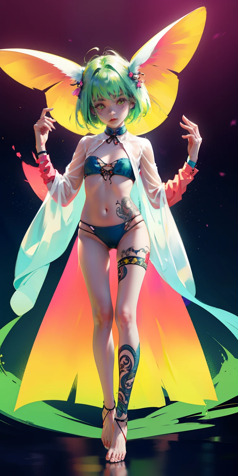 Rabbit technique , science fiction, 
1 girl, tattoo, 发光tattoo, glowing eyes, Colorful glowing hair , （（（whole body）））, green hair,Open navel Kavitek, barefoot，pastel colors, kawaii, cutecolors,
