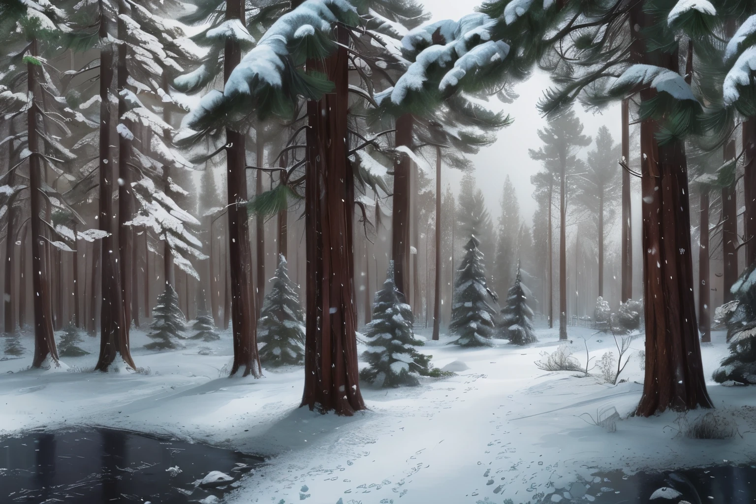 winter forest photography, pine forest, snowfall in the forest, highly detailed, highly detailed digital painting, snowy environment, detailed painting 4k