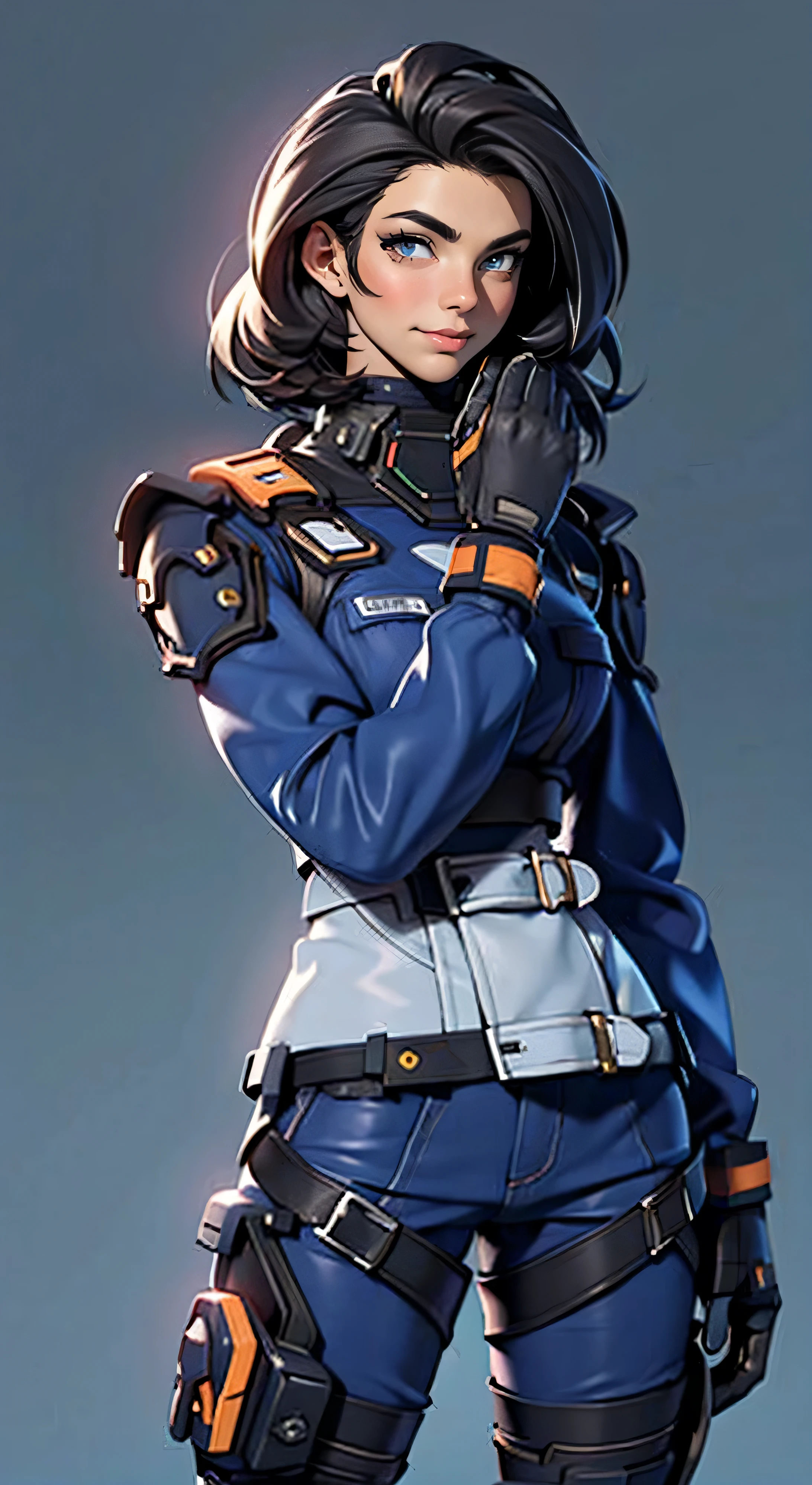 11:23(((best quality: 1.4))),(Unparalleled masterpiece), (ultra high definition),(Hyper-realistic 8K CG)、(one hand action),(dark hair) ((( Body))), (((1 girl in))), 25-year-old American soldier with perfect Body,,Beautiful and well groomed face,muscular Body:1.2,Solid royal blue dress with details, (Pictures from head to thighs), Complex equipment, Purple,trousers,The clothes inside are dark,Clothes with armored metal electronic parts,big,Strong build