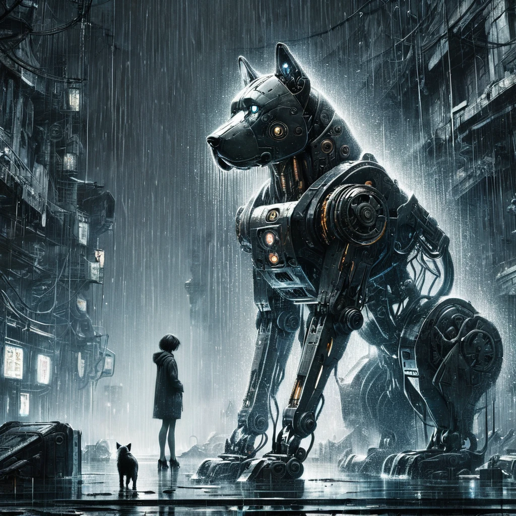 High Resolution, High Quality, Masterpiece. hyperrealism, surrealism. An ink sketch in the style of an artstation . Fantasy on the theme of Hachiko- cybernetic mechanism, mecha-dog, As in the movie, waiting for the owner. Reflective raindrops. Pitifully. Abandonment. Emotion to tears. Cyberpunk. Hyperdetalization. 32k, neon ambiance, abstract black oil, gear mecha, detailed acrylic, grunge, intricate complexity, rendered in unreal engine, photorealistic