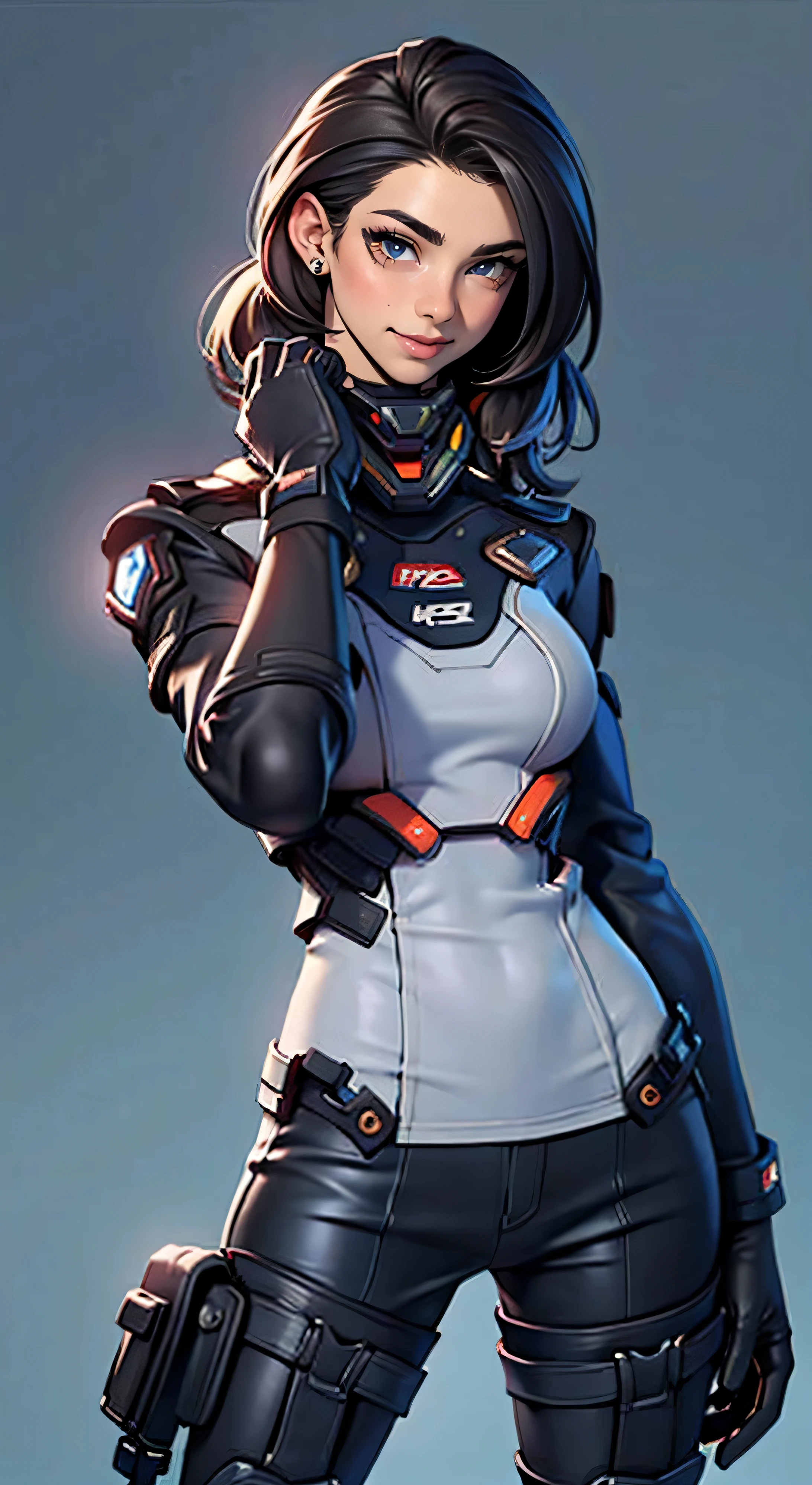 11:23(((best quality: 1.4))),(Unparalleled masterpiece), (ultra high definition),(Hyper-realistic 8K CG)、(one hand action),(dark hair) ((( Body))), (((1 girl in))), 25-year-old American soldier with perfect Body,,Beautiful and well groomed face,muscular Body:1.2,Solid royal blue dress with details, (Pictures from head to thighs), Complex equipment, Purple,trousers,The clothes inside are dark,Clothes with armored metal electronic parts,big,Strong build