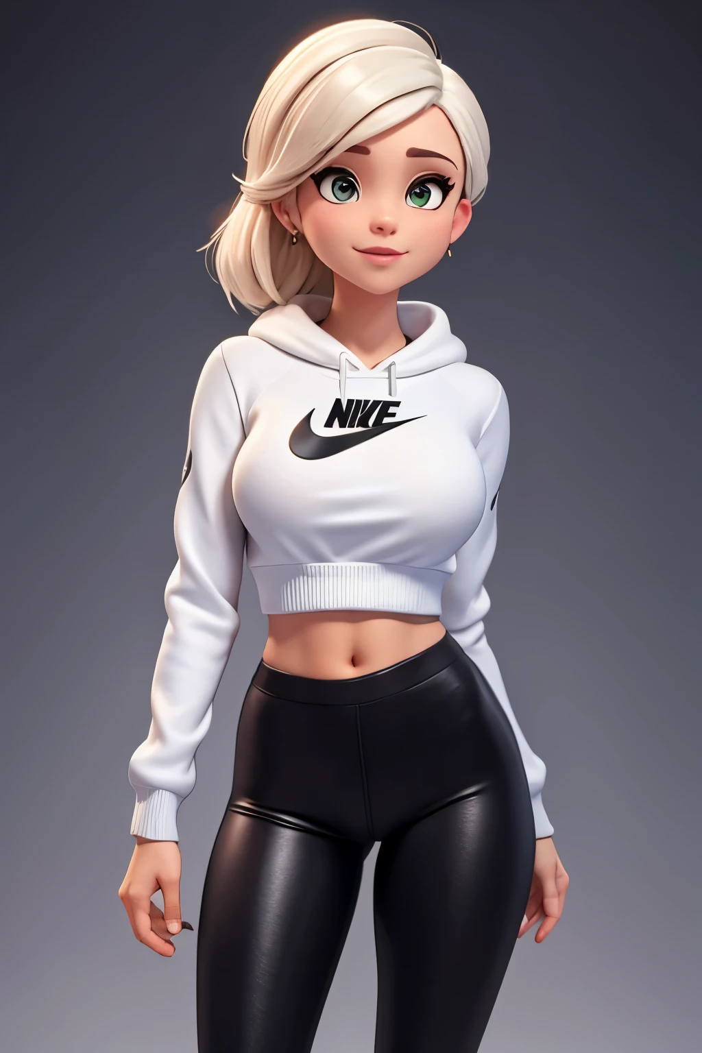 adult woman, cute, teal eyes, smile, stylized, cute smile, very long blonde hair, thin eyebrows, slight freckles, anatomically correct, masterpiece, best high quality, ultra details, ((top quality)), ((masterpiece)) (detailed), cinematic lighting, complex, high detail, sharp focus, huge breasts, Best proportions Four fingers and one thumb, adult, (27 years old), standing, athletic, thick thighs, slim waist, thin waist, soft waist, curvy, curved thighs, thick, wide buttocks, slightly muscular arms, big thighs, black beanie, yoga pants , ( Nike Hoodie), skater woman, adult (( torn clothes of nipples nike hoodle))