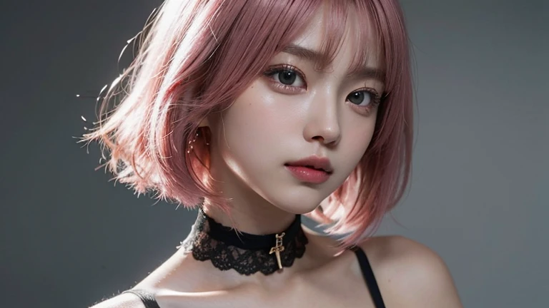 (bob cut hair, pink hair:1.2),(Put on a choker:1.2),1 girl,Japanese,21 years old,(small breasts:1.3),(highest quality,masterpiece:1.3,超A high resolution,),(super detailed,caustics),(Photoreal:1.4,RAW shooting,)ultra-realistic capture,very detailed,High resolution 16K human skin close-up。 natural skin texture、,The pores are、、Must be detailed enough to be easily identified。 Skin should look even-toned and healthy。 Use natural light and color, sad expression, look at the camera, perfect dynamic composition