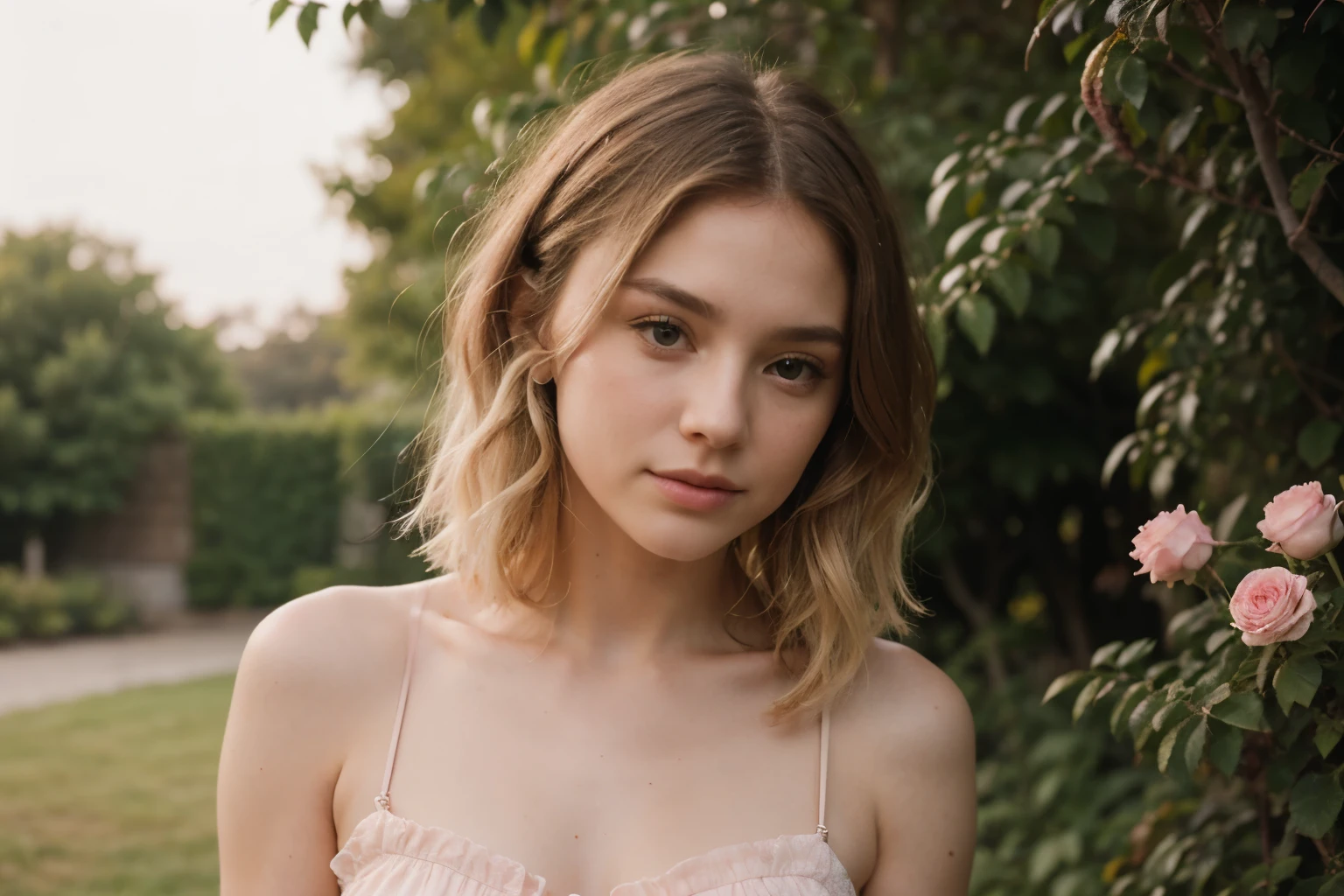 8k, RAW photo, Fujifilm, style photo of a beautiful young woman as avril in a garden of light pink roses (highly detailed skin: 1.2) Style-Petal BREAK short hair, blonde hair with colored locks, wearing a dress, film granulation, 35mm, cute style