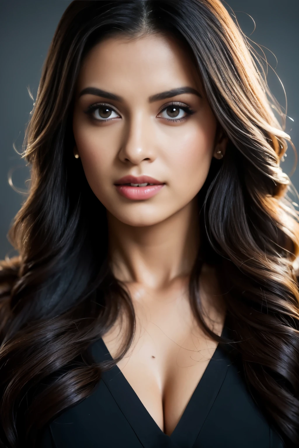 Portrait of A confident-looking indian woman with long flowing hair, hazel eyes, with flowing capes, perfect composition, hyperrealistic, super detailed, 8k, high quality, trending art, trending on artstation, sharp focus, studio photo, intricate details, highly detailed, art by greg rutkowski, no jewellery, mugshot, facing camera, looking into lens, focussing on lens