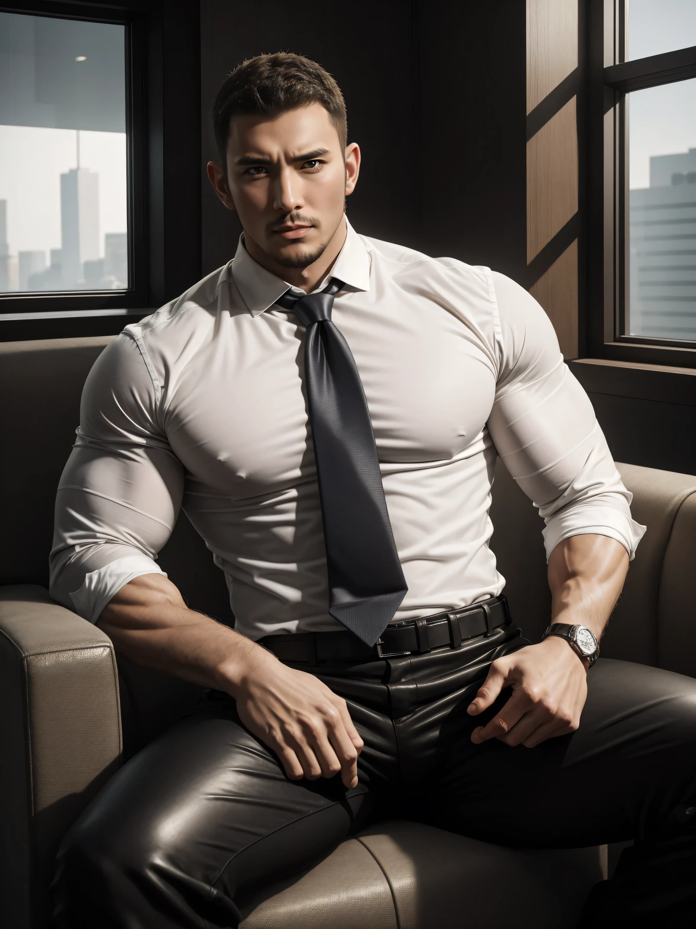Tall giant muscular肌肉男警官,White shirt,high-end tie,Sitting on the soft leather sofa in the police station office,character concept(Resident Evil - chris redfield,chris redfield)proud expression,Deep and charming eyes,heroic male pose,高大burly,muscular!muscular大腿,tough guy,perfect facial features,High, burly, Heqiang, Super gain and cool, high resolution committee,Charming strong man,The bright sunshine shines on the face through the window