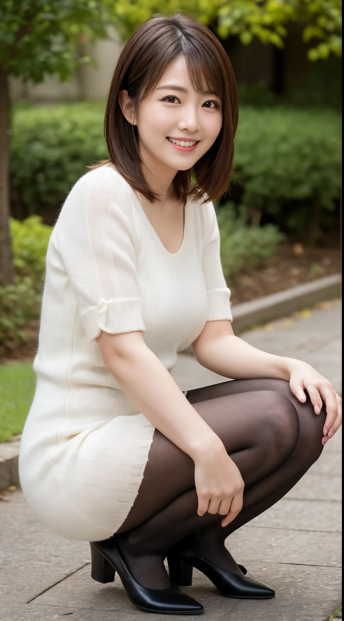 ulzzang-6500-v1.1, (RAW photo:1.2), (Photoreal), beautiful details, (genuine: 1.4), A naive 33 year old wife、(Wearing a high neck knit dress that clearly shows off your body line)、(super realistic pantyhose:1.3)、thighs thighs thighs、squatting in the park、Height: 156 cm, A little chubby body type、japanese model, short layered hair、laughter、smile、japanese girl, neat japanese woman, japanese goddess, innocence、huge file size, High resolution, very detailed, highest quality, [masterpiece:1.6], enlightenment, very detailed, nffsw, finely, highest quality, 8k wallpaper, movie lighting,  cute droopy eyes beautiful big eyes、((muste piece)), highest quality, 1 milf, eye shadow, portrait, (((full body shot:1.3)))、((とても愛情深いsmile:1.2))、((elegant brown hair:1.4)),((Short hairstyle:1.4)), 　shiny skin、exposed thighs!!!、