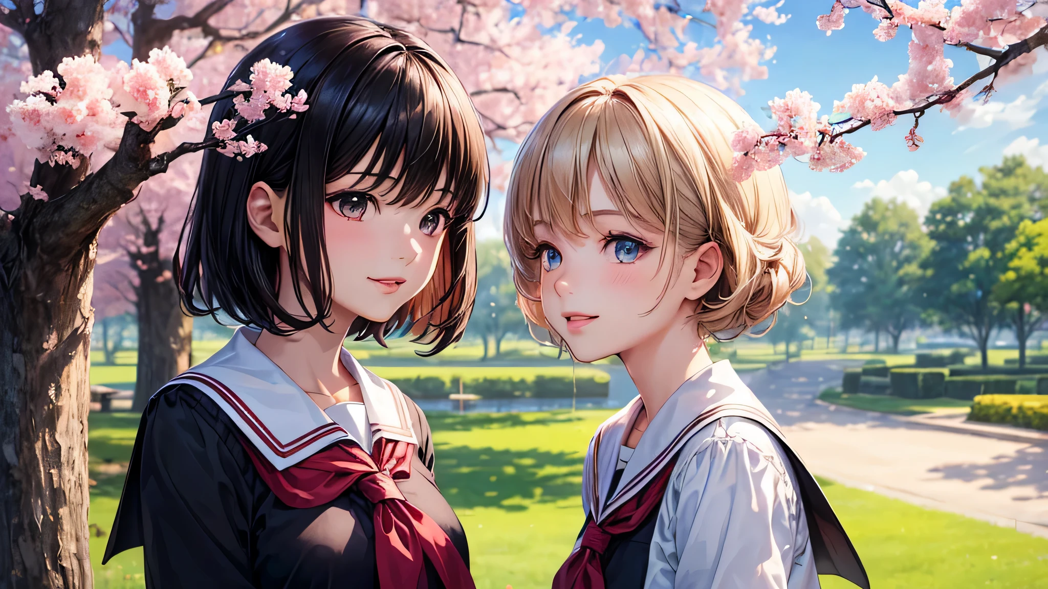 (2 girls:1.2), cute face, shining smile, (black short hair), (school uniform, mini skirt:1.2), (highest quality: 1.4), (Super detailed), (highest quality:1.4), (super detailed), (lush park), Day光, cherry blossoms, Sunny, cloud, Day, blue sky, (anime illustration), very high resolution, (Upper body), close up face