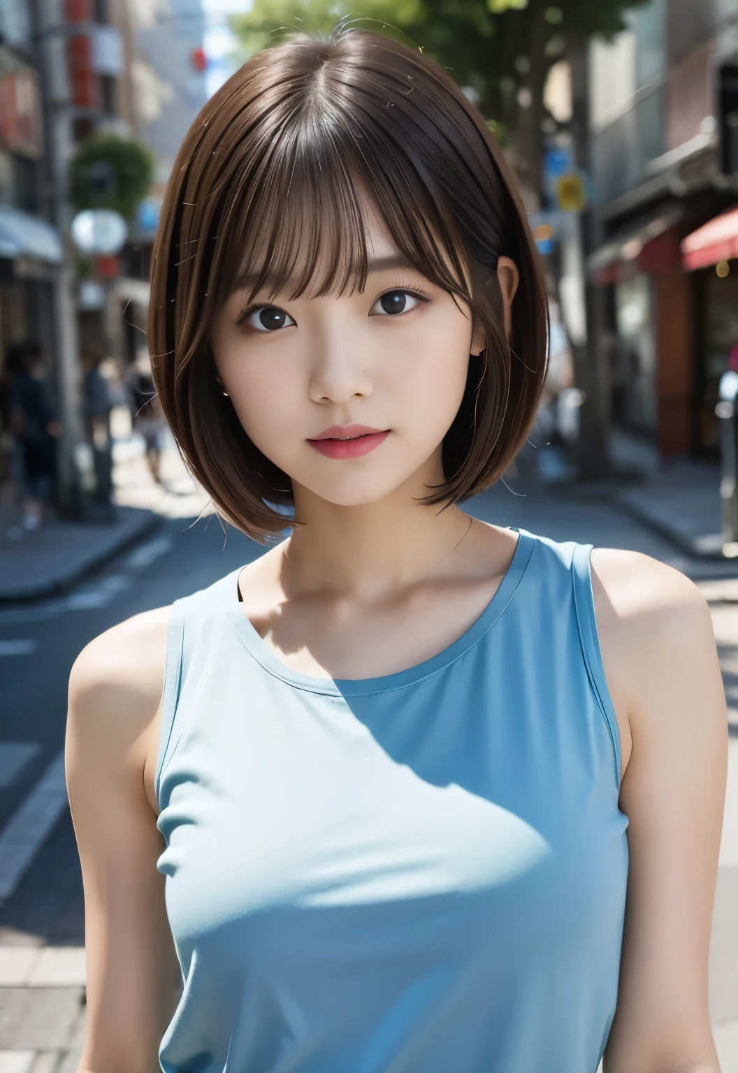 (((city:1.3, outdoors, Photographed from the front))), ((medium bob:1.3,light blue tank top, japanese woman, cute)), (clean, natural makeup), (highest quality, masterpiece:1.3, 超High resolution), (Super detailed, caustics), (realistic:1.4, RAW shooting), very detailed, High resolution, 16K resolution