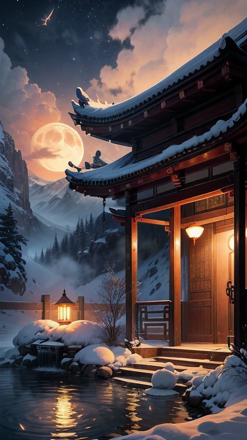 Ancient Chinese scenery, ((hot spring)), (heavy snow), (firefly), (paper kite), (midnight), (moon), shrine on the top of the mountain, ((flower)), beautiful scenery, realistic lighting, masterpiece, High quality, beautiful graphics, high details,