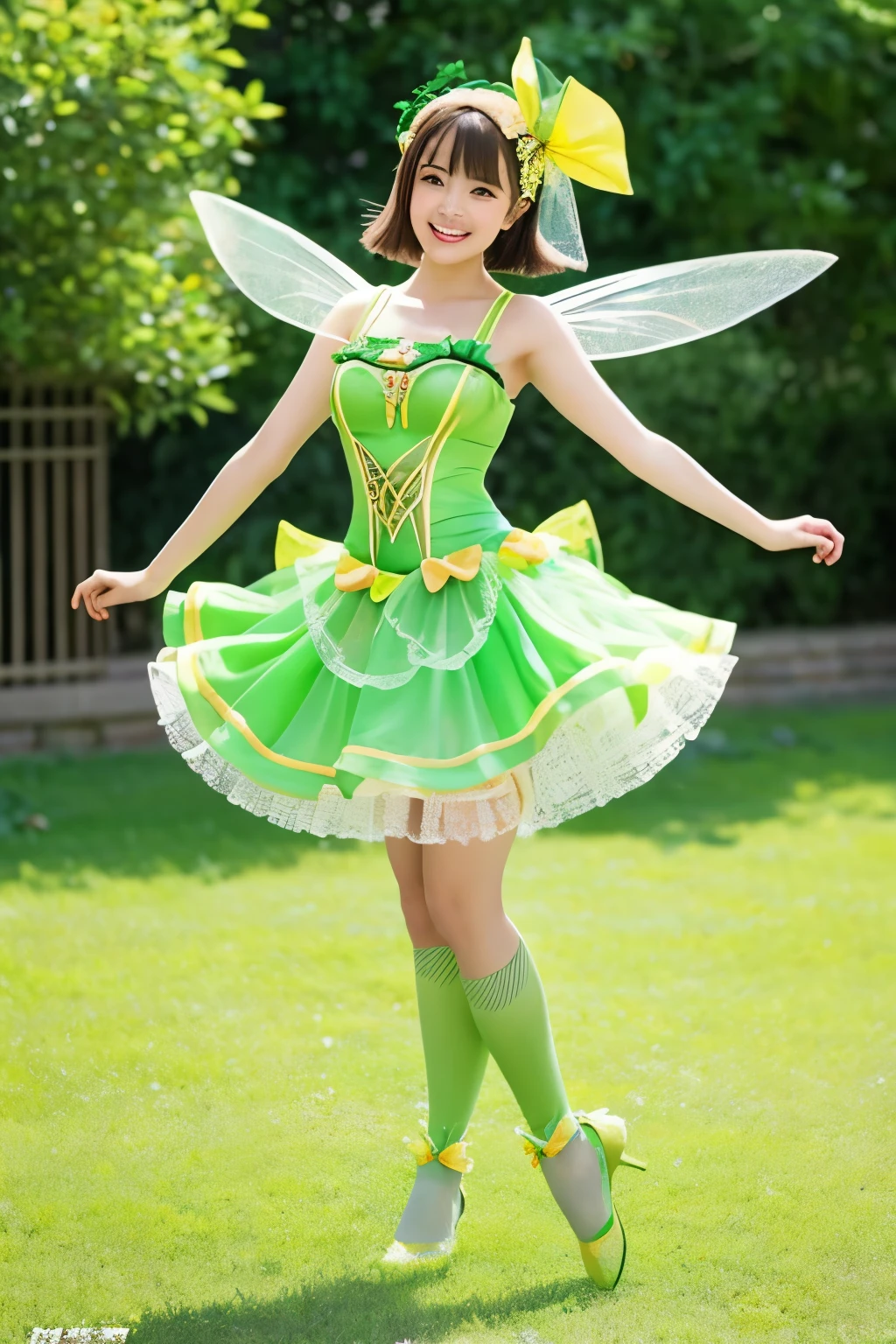 A cute fairy of a beautiful girl wearing an Earl&#39;s melon with green flesh and a fine mesh pattern on the skin.、A full-body pose wearing a dress with an Earl&#39;s melon design and jumping around with a cheerful smile。The beautiful girl fairy that is generated is、Depicting the entire body so that it does not protrude from the screen。