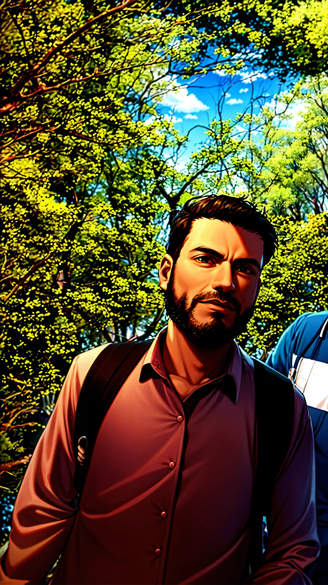 anime, 2d anime, Japanese 2d anime, there are two men standing together on a trail with a backpack, in mountains, in jungle forest peak, trekking in a forest, high quality picture, in jungle forest, in front of a forest background, in jungle, with mountains in the background, profile picture, with mountains in background
