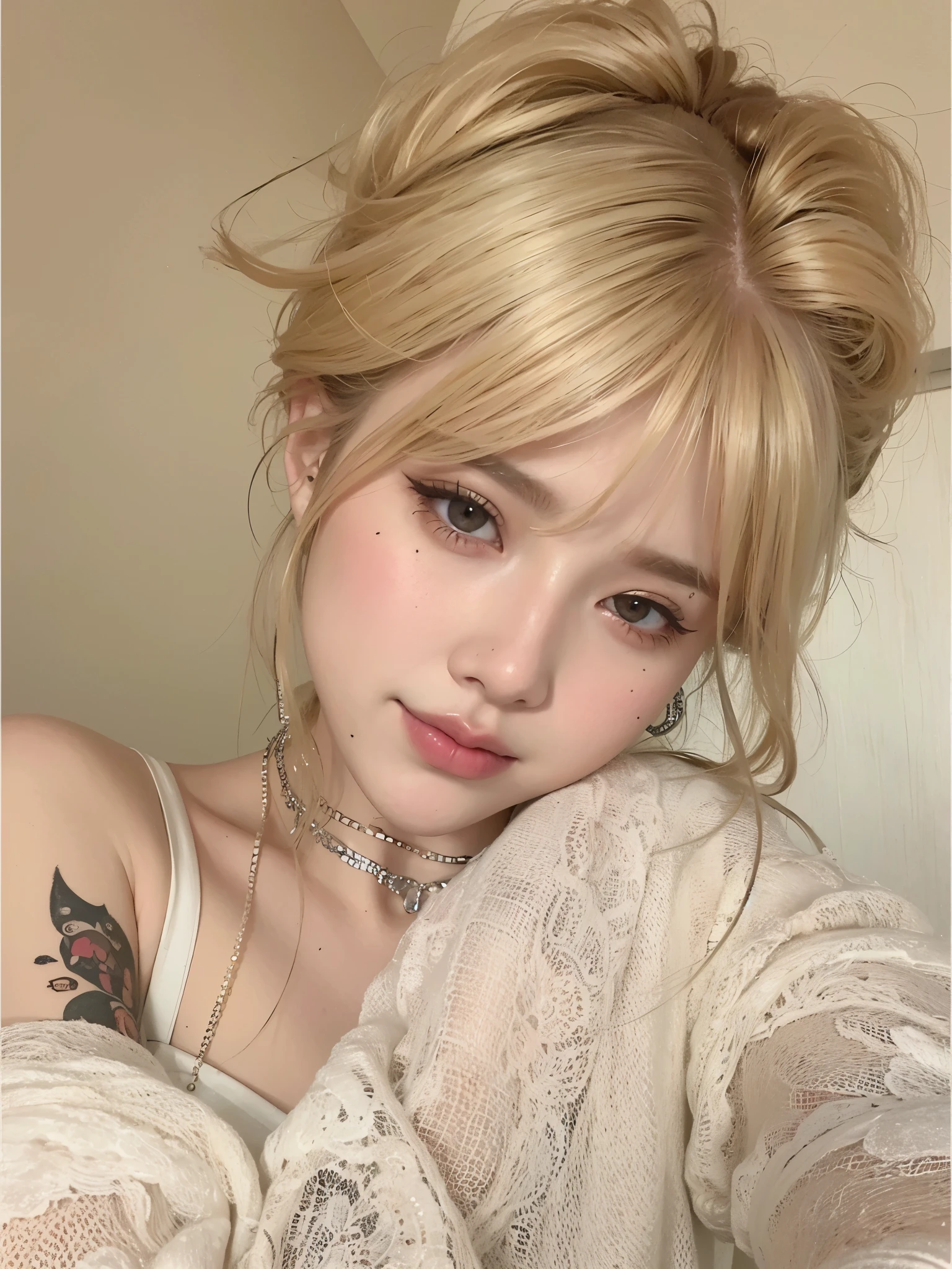 blonde woman with long hair holding a white cell phone, retrato de kim petras, maquillaje popular de corea del sur, retrato de jossi de blackpink, parque roseanne de blackpink, ulzzang, maquillaje coreano popular, cruel korean gothic girl, ava max, con el pelo largo y blanco, inspirado en Yanjun Cheng, bella delfina, kim taejin