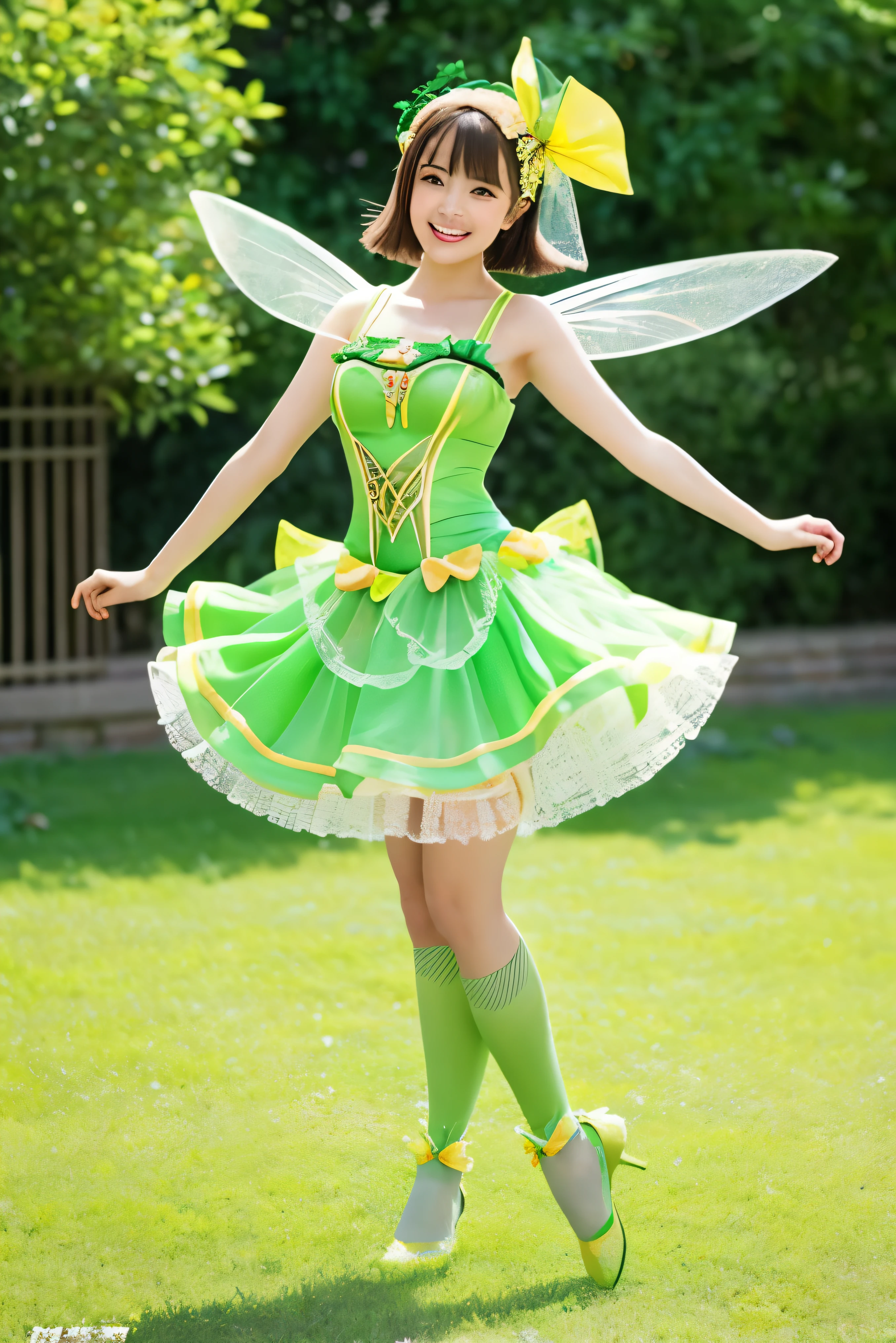 Cute fairy of a beautiful girl wearing a count's head'The flesh is green、A melon with a fine mesh pattern on the skin.、Full body pose wearing an earl's dress'A melon design that jumps with a cheerful smile。The beautiful girl fairy that is generated is、、Describe the whole body so that it does not protrude from the screen。