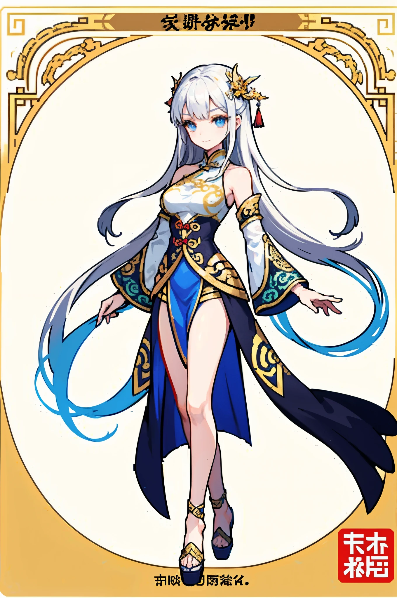 (official art：1.5，best quality，fine details)Full body female love，beautiful white girl，Chinese mythology style fantasy world costume，long, flowing white hair，很long马尾辫，Elegant demeanor，faint smile，heroic，body is beautiful，beautiful legs，Perfect body，Elegant and smooth。