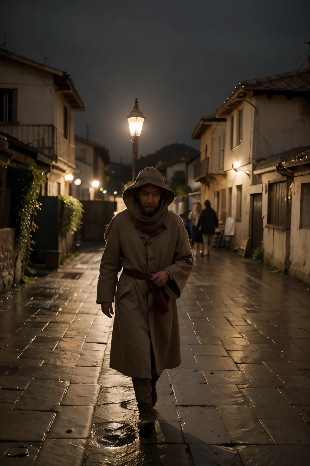 hombre paseando por un pueblo encantado de epoca medieval, el hombre lleva capucha y un hacha en la mano, hay un buho posado en una farola, es de noche y llueve mucho.