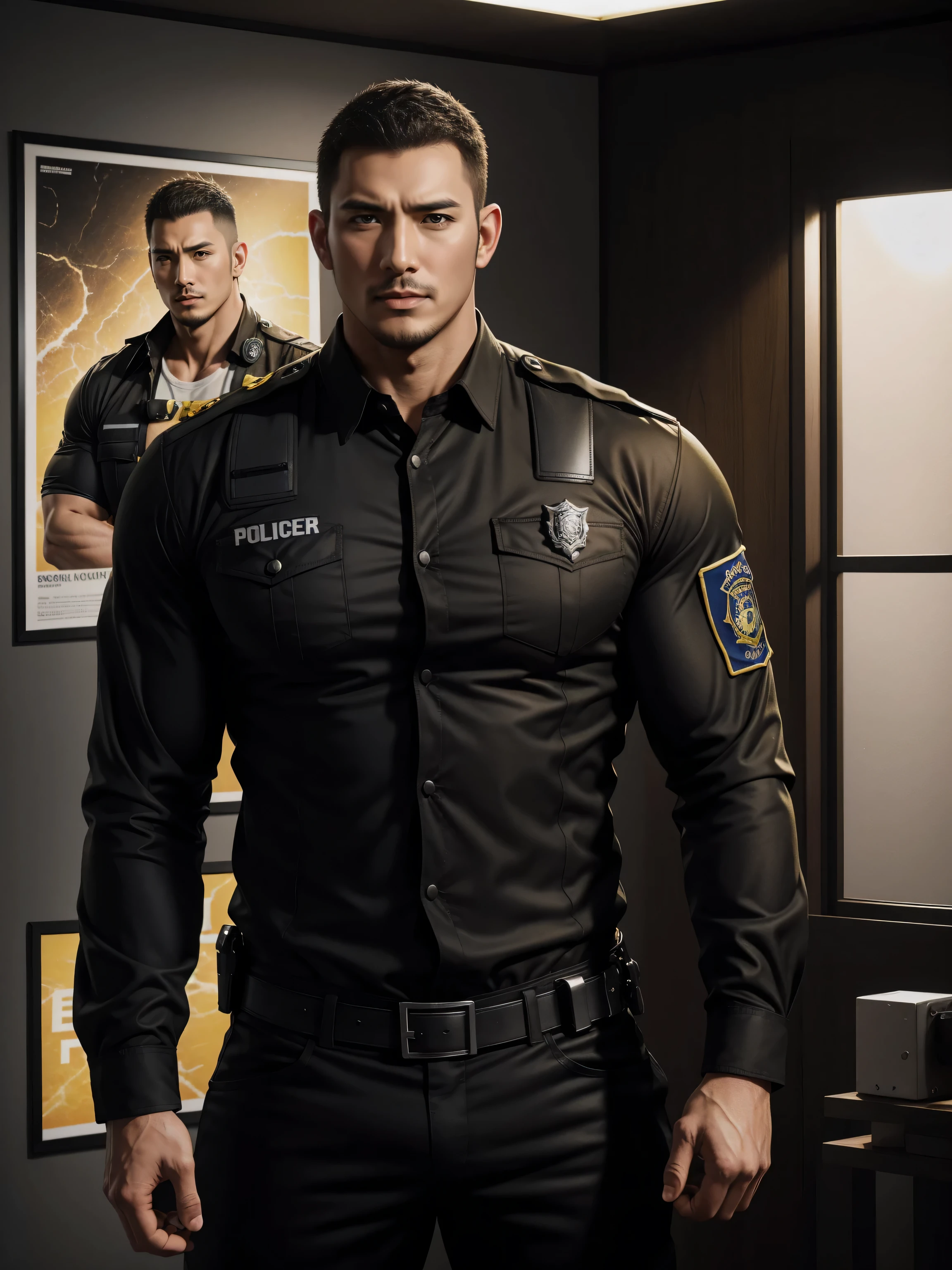 Tall giant muscular肌肉男警官,Yellow and black long-sleeved jacket police uniform,Wear it over a shirt,police certificate,fitness mural poster,character concept(Resident Evil - chris redfield,chris redfield)proud expression,Deep and charming eyes,heroic male pose,高大burly,muscular!muscular大腿,tough guy,perfect facial features,High, burly, Heqiang, Super gain and cool, high resolution committee,Charming strong man,The bright sunshine shines on the face through the window
