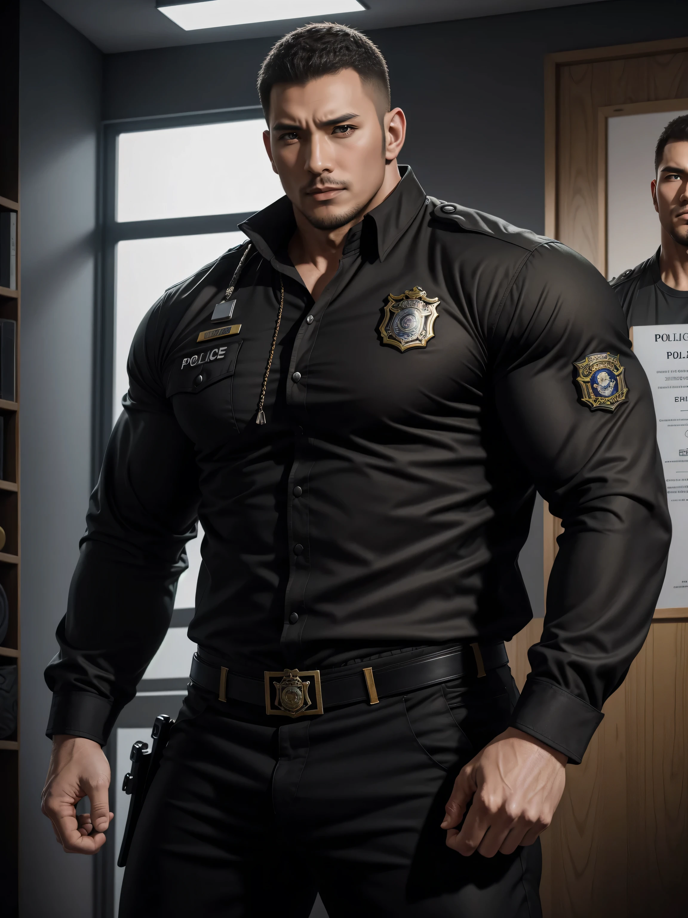 Tall giant muscular肌肉男警官，Yellow and black long-sleeved jacket police uniform，Wear it over a shirt，police certificate，fitness mural poster，character concept（Resident Evil - chris redfield，chris redfield）proud expression，Deep and charming eyes，heroic male pose，高大burly，muscular！muscular大腿，tough guy，perfect facial features，High, burly, Heqiang， Super gain and cool， high resolution committee，Charming strong man，The bright sunshine shines on the face through the window