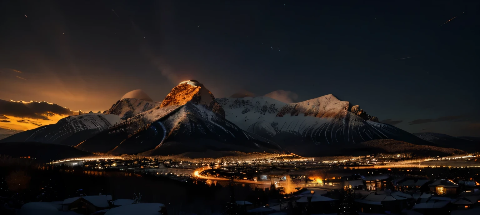 (extremely detailed 8k wallpaper), sky, night, snow, city mixed with nature, mountains, award-winning photography, dramatic lighting, (dark and orange colors), dark orange lights.