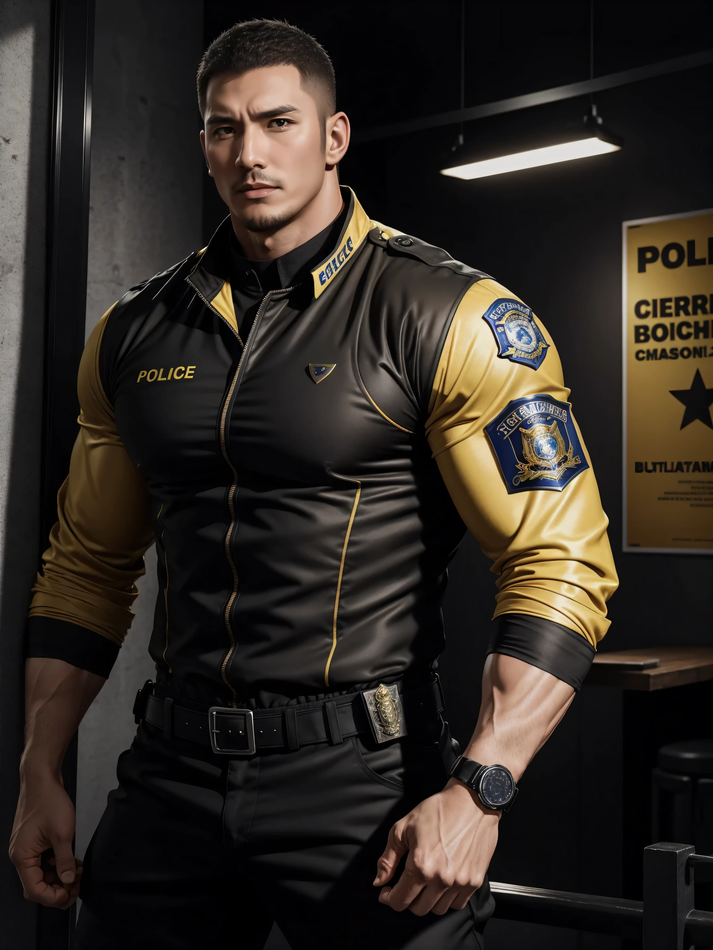 Tall giant muscular肌肉男警官,Yellow and black long-sleeved jacket police uniform,Wear it over a shirt,police certificate,fitness mural poster,character concept(Resident Evil - chris redfield,chris redfield)proud expression,Deep and charming eyes,heroic male pose,高大burly,muscular!muscular大腿,tough guy,perfect facial features,High, burly, Heqiang, Super gain and cool, high resolution committee,Charming strong man,The bright sunshine shines on the face through the window