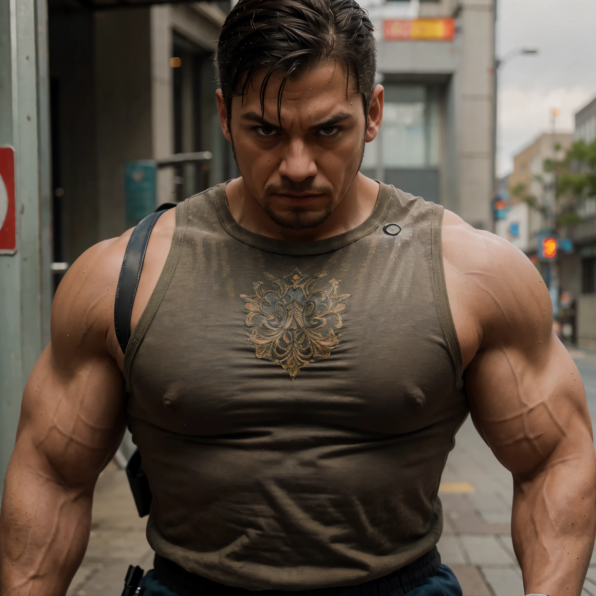 strong muscular man, street angry, backpack, epic realistic, photo, faded, complex stuff around, intricate background, soaking wet, neutral colors, ((((hdr)))), ((((muted colors)))), intricate scene, artstation, intricate details, vignette