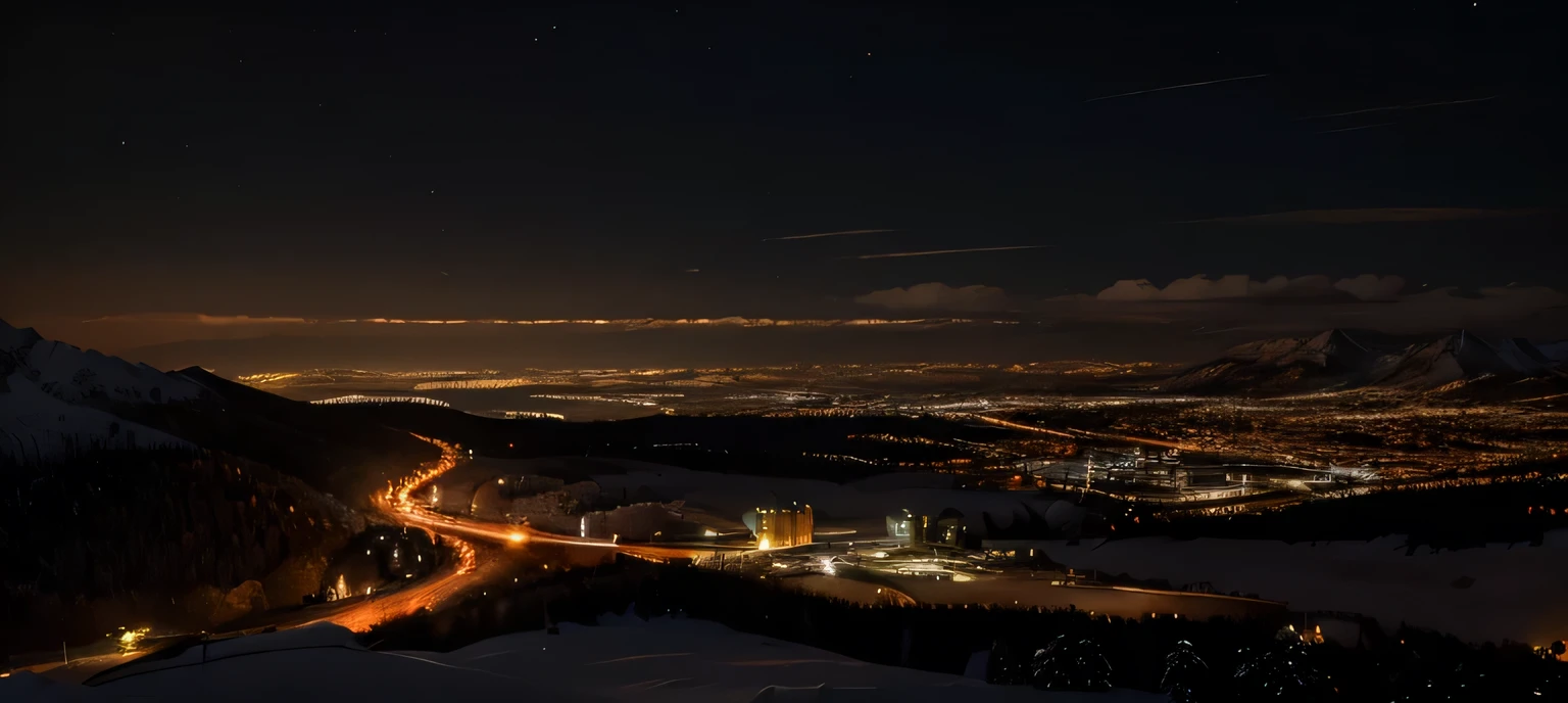 (extremely detailed 8k wallpaper), sky, night, snow, city mixed with nature, mountains, award-winning photography, dramatic lighting, (dark and orange colors), dark orange lights.