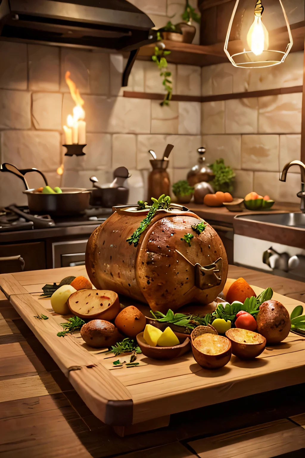 O prompt baseado no tema "Easter Goat Cooking Recipe" poderia ser:
"Easter goat roasted over an open fire, surrounded by aromatic herbs and spices, mouth-watering succulent meat, pele morena perfeitamente dourada, suculento e macio (melhor qualidade,4k,8K,high resolution,obra de arte:1.2),ultra-detalhado, (Realista,photoRealista,photo-Realista:1.37) Rendering). The scene takes place in a rustic farmhouse kitchen., com uma grande lareira aquecendo, luz bruxuleante. The goat is seasoned with a rosemary mixture, tomilho, alho, and lemon zest, infundindo a carne com um aroma delicioso. Enquanto a cabra cozinha, The flames dance and crackle, imbuing the air with a smoky fragrance. Os vegetais circundantes, incluindo batatas assadas, cenouras, e cebola, They are caramelized to perfection. The dish is garnished with fresh herbs and served with a spicy mint sauce., adding a burst of refreshing flavor. The overall color palette is warm and inviting, com marrons ricos, verdes terrosos, e notas de ouro. The lighting enhances the texture of the roast lamb, emphasizing your mouth-watering appearance. The end result is a mouth-watering obra de arte, an Easter delicacy that promises to satisfy all palates."