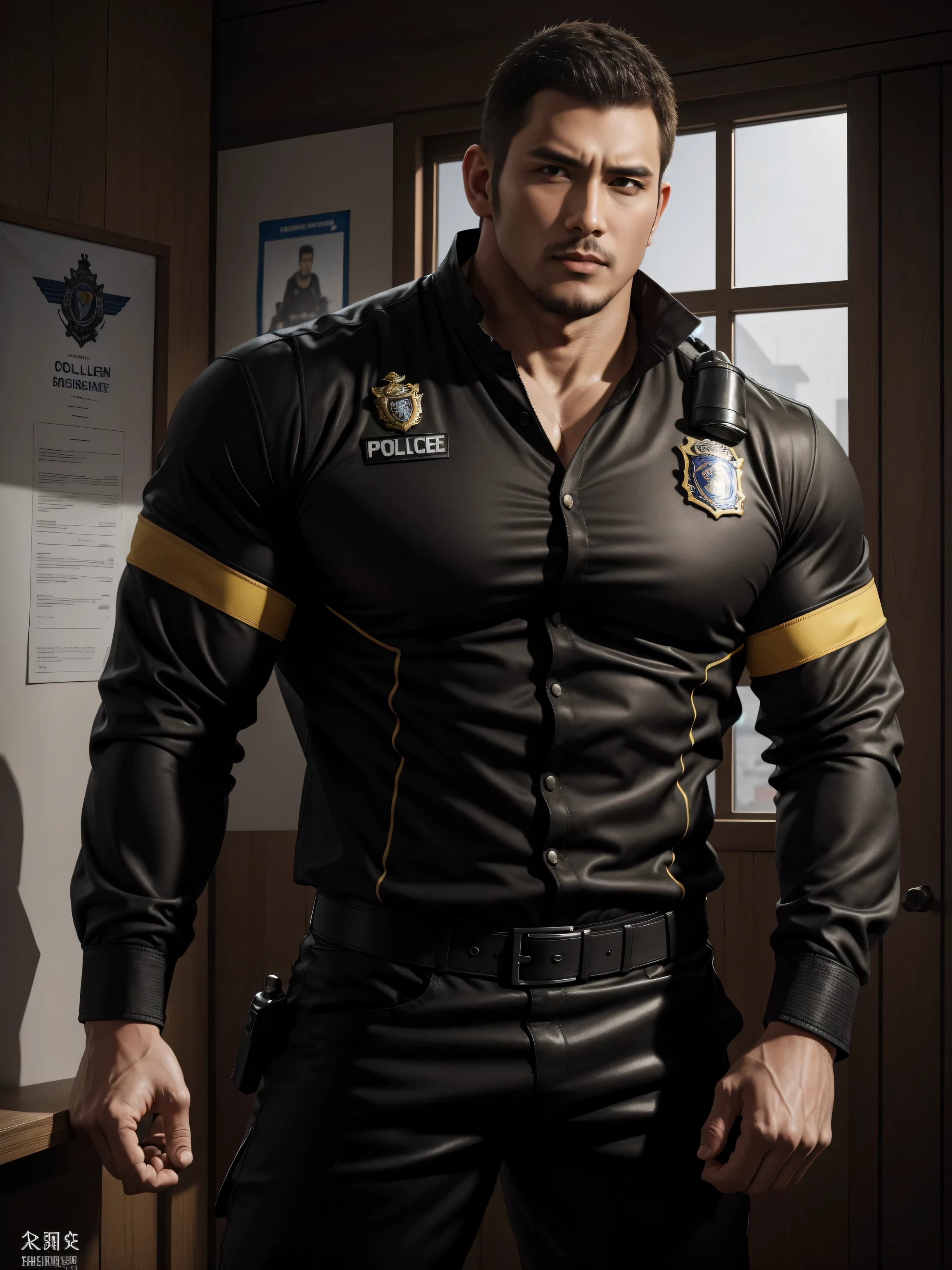 Tall giant muscular肌肉男警官,Yellow and black long-sleeved jacket police uniform,Wear it over a shirt,police certificate,fitness mural poster,character concept(Resident Evil - chris redfield,chris redfield)proud expression,Deep and charming eyes,heroic male pose,高大burly,muscular!muscular大腿,tough guy,perfect facial features,High, burly, Heqiang, Super gain and cool, high resolution committee,Charming strong man,The bright sunshine shines on the face through the window