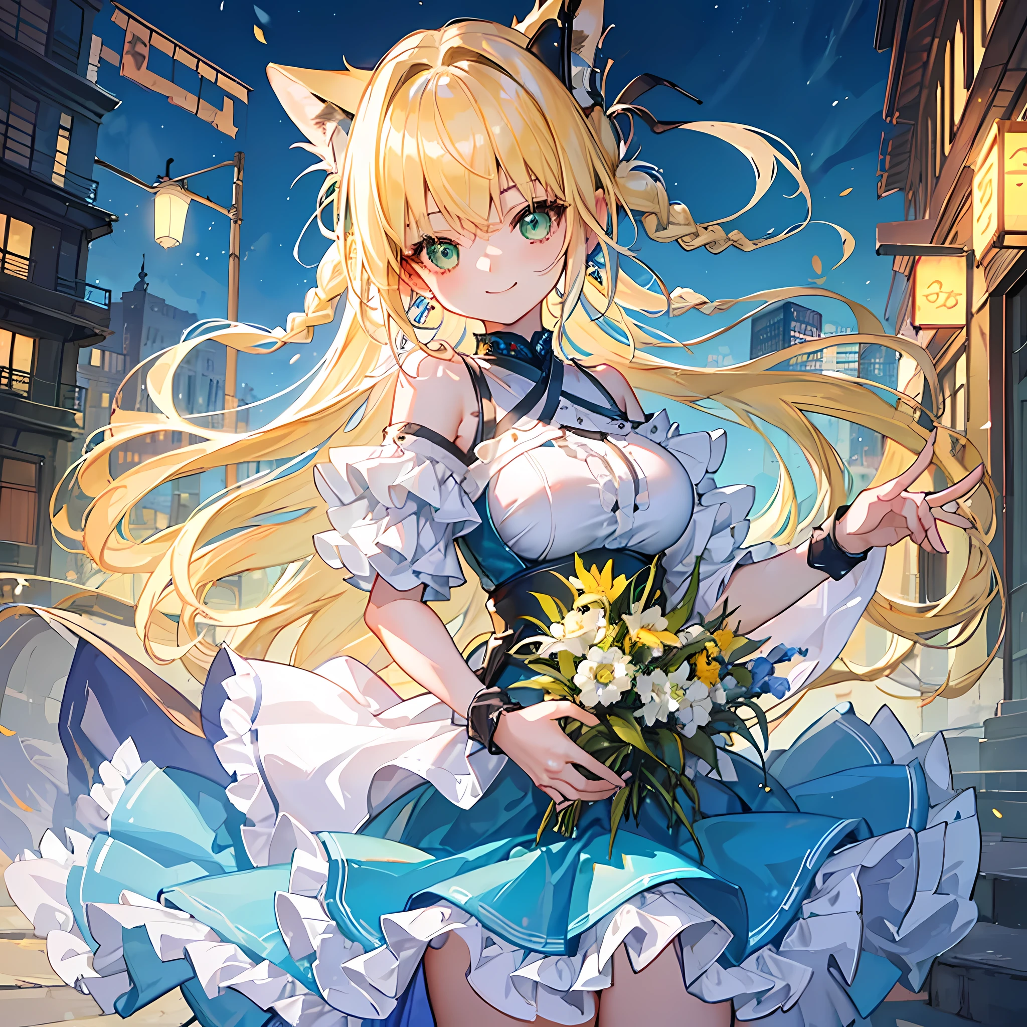 (8K、Highest image quality、highest quality、masterpiece)、detailed face、1 girl、blonde hair、hime cut、long hair、green eyes、smile、earrings、((big breasts))、light blue ruffled clothes、black mini skirt、jirai kei、cowboy shot、Downtown background at night
