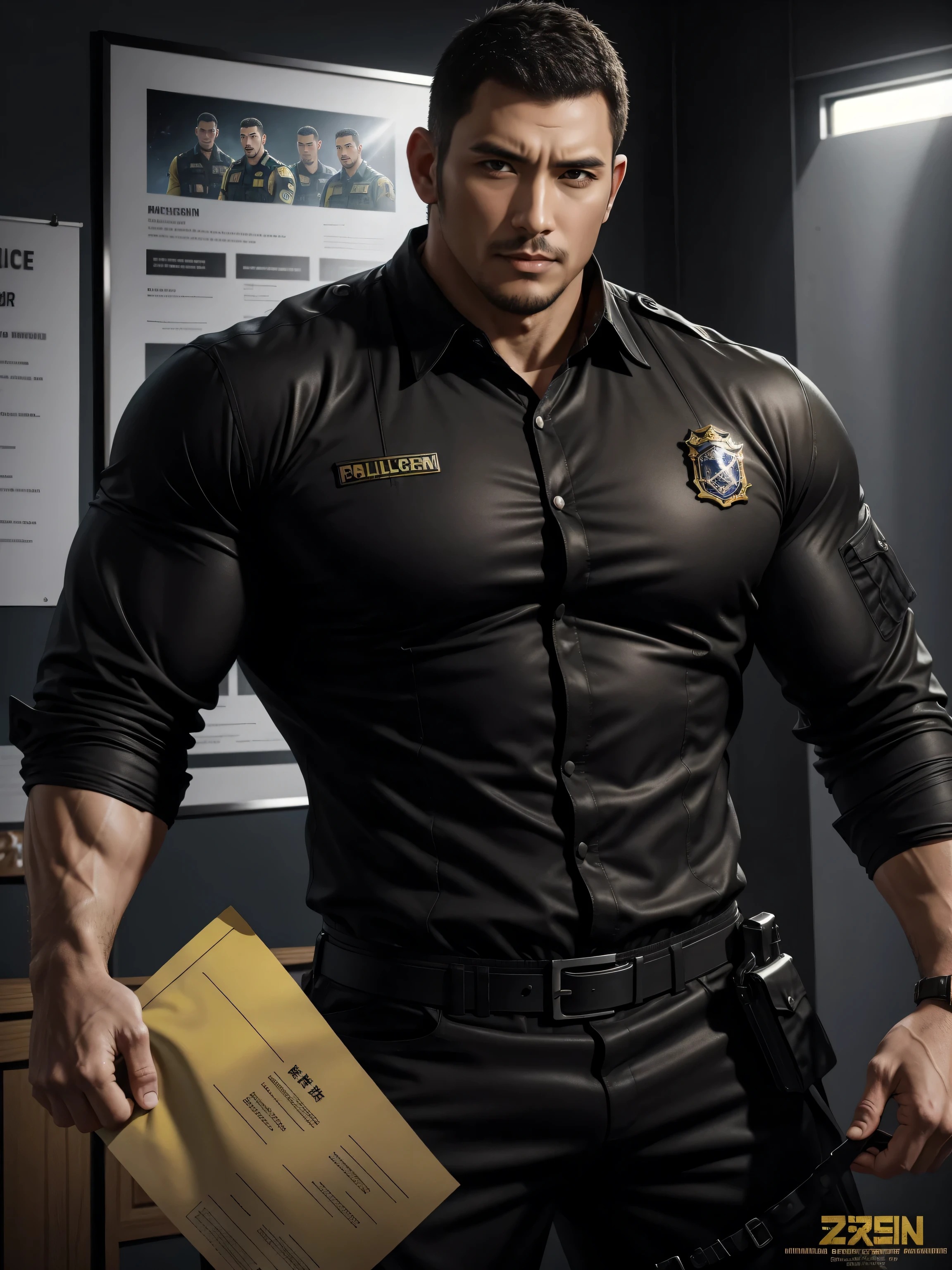 Tall giant muscular肌肉男警官，Yellow and black long-sleeved jacket police uniform，Wear it over a shirt，police certificate，fitness mural poster，character concept（Resident Evil - chris redfield，chris redfield）proud expression，Deep and charming eyes，heroic male pose，高大burly，muscular！muscular大腿，tough guy，perfect facial features，High, burly, Heqiang， Super gain and cool， high resolution committee，Charming strong man，The bright sunshine shines on the face through the window