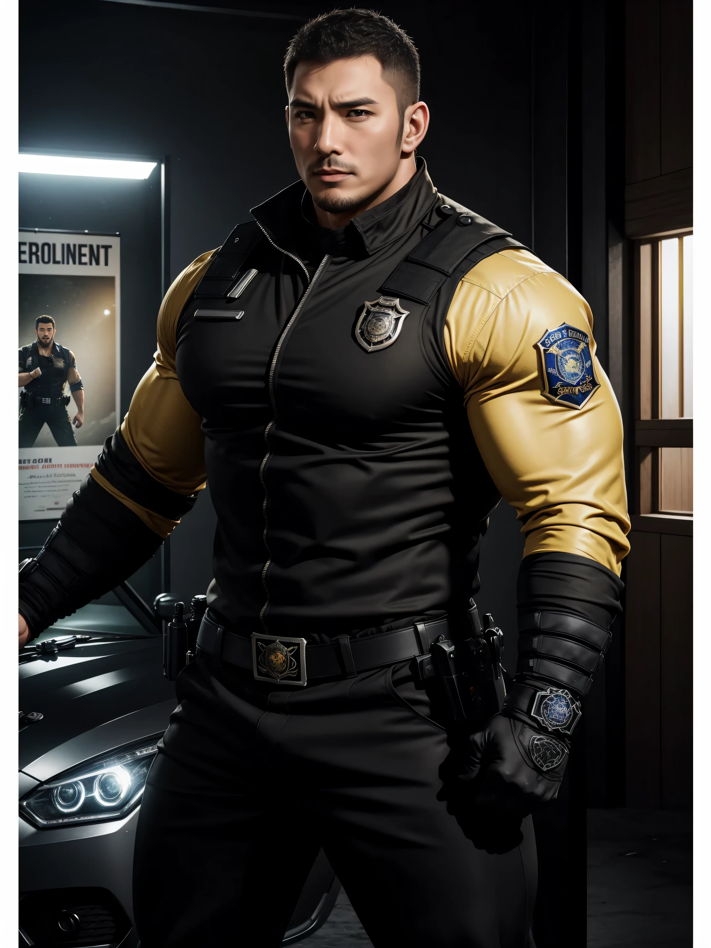 Tall giant muscular肌肉男警官,Yellow and black long-sleeved jacket police uniform,Wear it over a shirt,police certificate,fitness mural poster,character concept(Resident Evil - chris redfield,chris redfield)proud expression,Deep and charming eyes,heroic male pose,高大burly,muscular!muscular大腿,tough guy,perfect facial features,High, burly, Heqiang, Super gain and cool, high resolution committee,Charming strong man,The bright sunshine shines on the face through the window