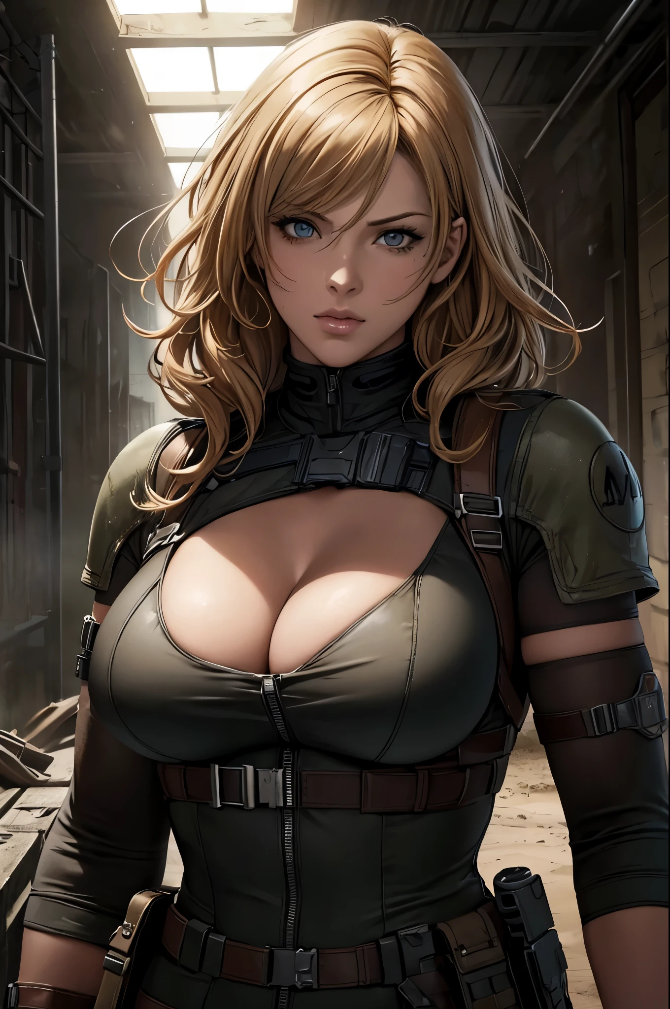super fine illustration, ultra high resolution, masterpiece, highest quality, perfect dark skin, perfect lighting, detailed lighting, dramatic shadow, ray tracing, 1 beautiful white milf, looking at the viewer, small breasts,  exposed cleavage, beautiful detailed hazel eyes, sharp face, clear eyes, long bang, ((medium curly blond hair:1.2)), ((post-apocalyptic fiction)), ((desert:1.2)), ((Upper body:1.2)), battle suit, military harness, Alice Abernathy - Resident Evil Series, Milla Jovovich,