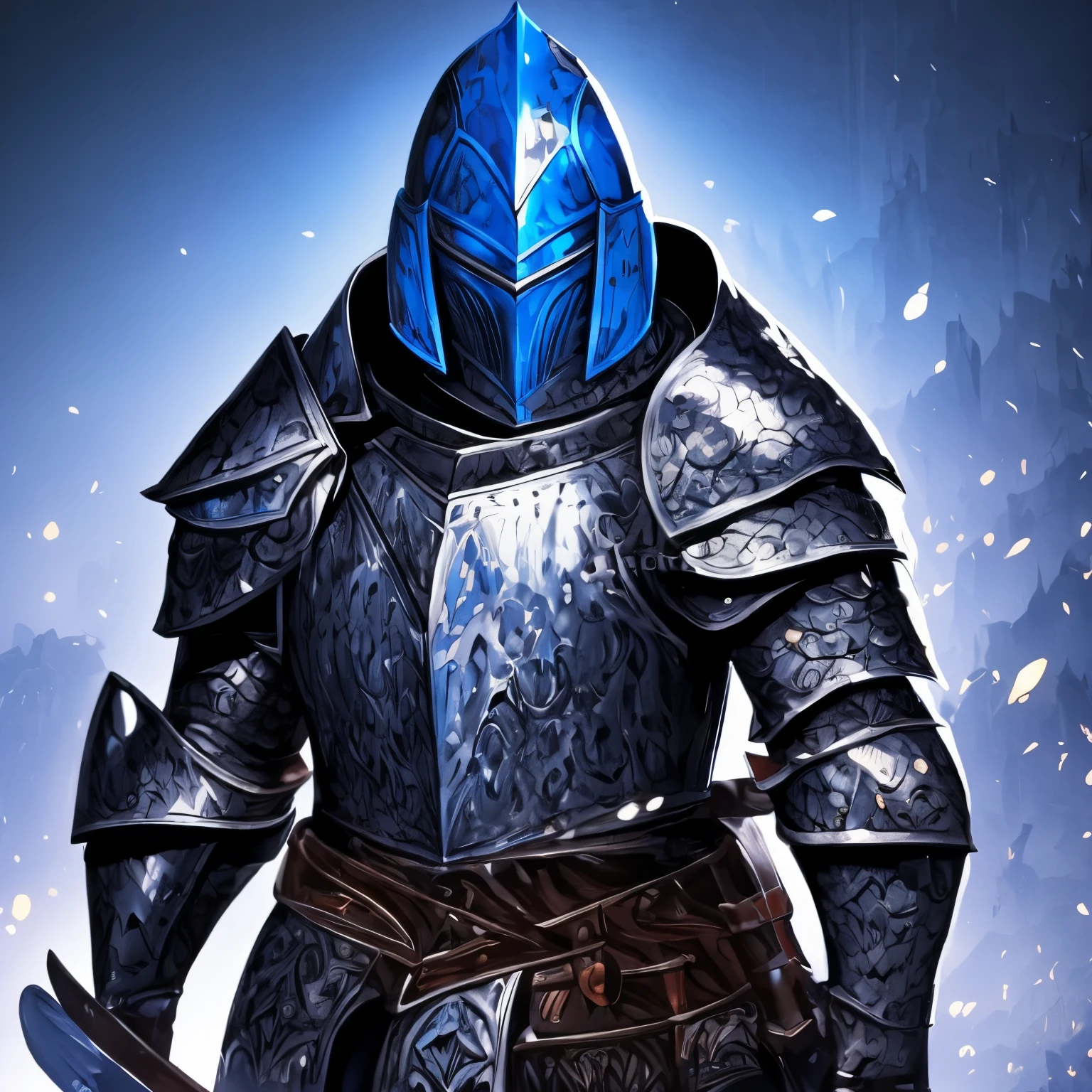 alone, male person, adventurer, (male person black knight:1.35), (black body:1.1), strict, (permanent:1.3), (pub:1.23), heavy armor, (plate armor), tongue stock, (Beer ), detailed eyes, black armor, Black helmet, (bust), (detailed eyes), (indoor:1.35), machine, bar reception, food, (dark:1.4), (particle ,glow worm, shines blue:1.3), detailed background, 8K high definition, (dark shadows, wide dynamic range, high dynamic range, weak light:1.2)