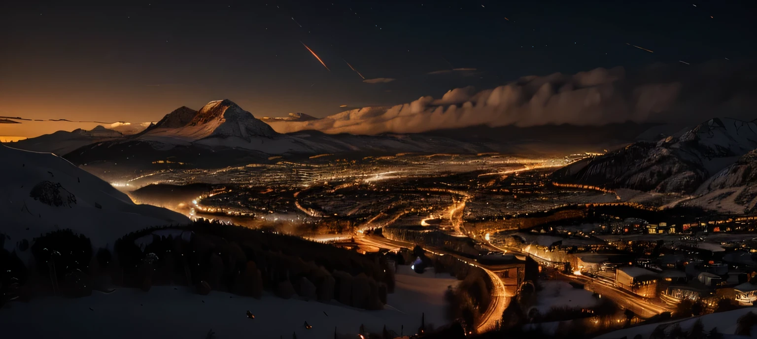 (extremely detailed 8k wallpaper), sky, night, snow, city mixed with nature, mountains, award-winning photography, dramatic lighting, (dark and orange colors), dark orange lights.