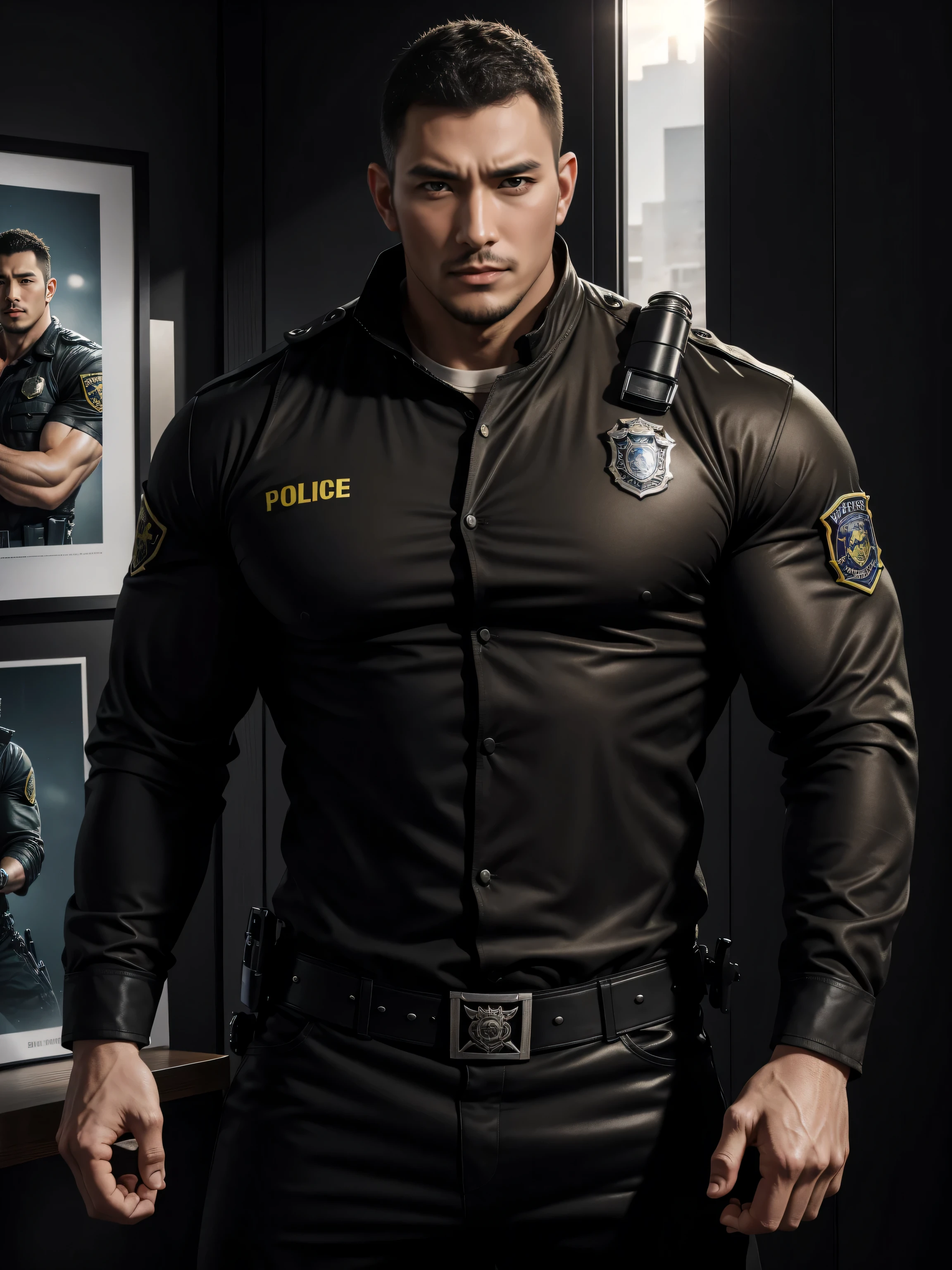 Tall giant muscular肌肉男警官，Yellow and black long-sleeved jacket police uniform，Wear it over a shirt，police certificate，fitness mural poster，character concept（Resident Evil - chris redfield，chris redfield）proud expression，Deep and charming eyes，heroic male pose，高大burly，muscular！muscular大腿，tough guy，perfect facial features，High, burly, Heqiang， Super gain and cool， high resolution committee，Charming strong man，The bright sunshine shines on the face through the window