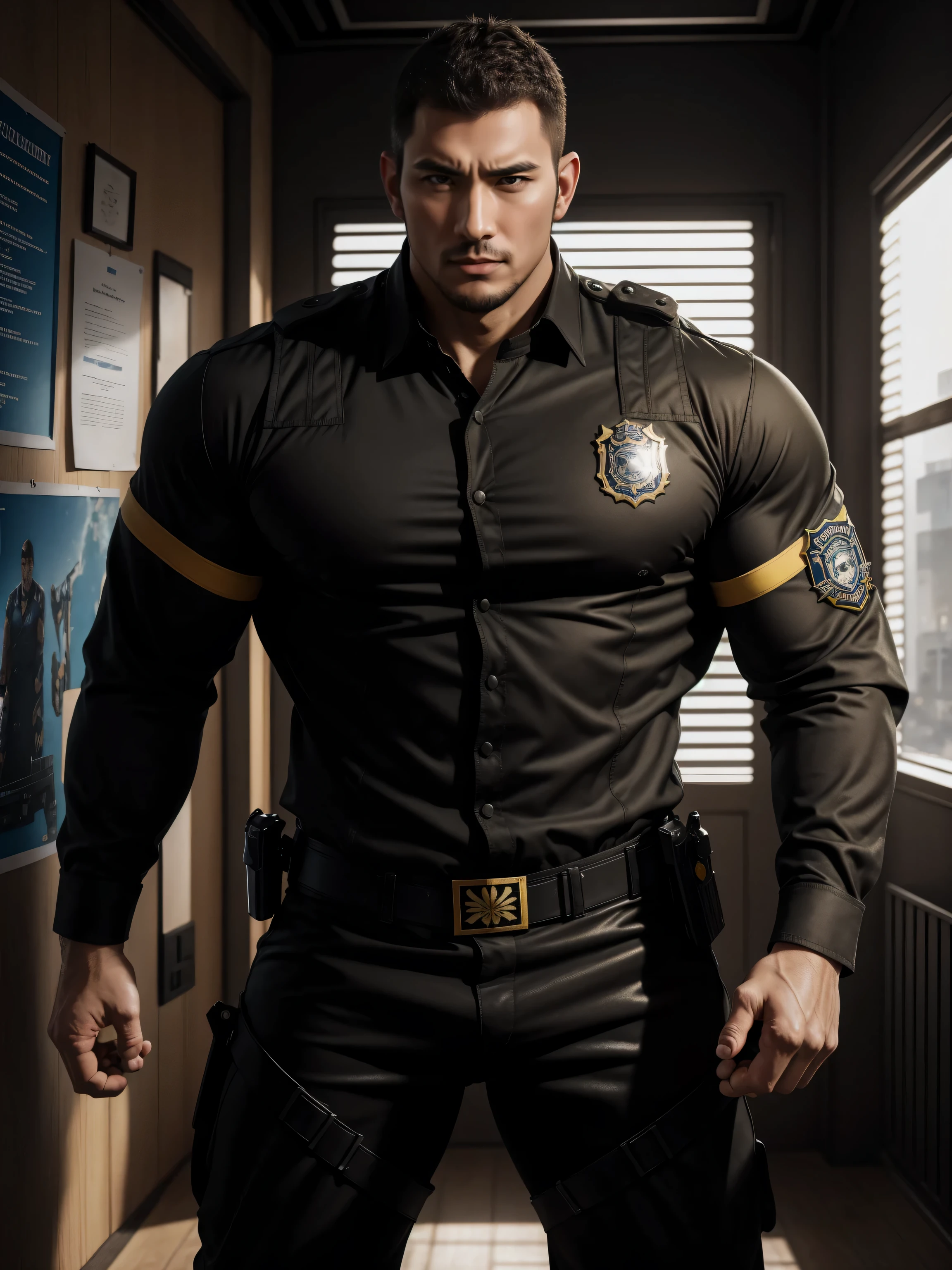 Tall giant muscular肌肉男警官,Yellow and black long-sleeved jacket police uniform,Wear it over a shirt,police certificate,fitness mural poster,character concept(Resident Evil - chris redfield,chris redfield)proud expression,Deep and charming eyes,heroic male pose,高大burly,muscular!muscular大腿,tough guy,perfect facial features,High, burly, Heqiang, Super gain and cool, high resolution committee,Charming strong man,The bright sunshine shines on the face through the window