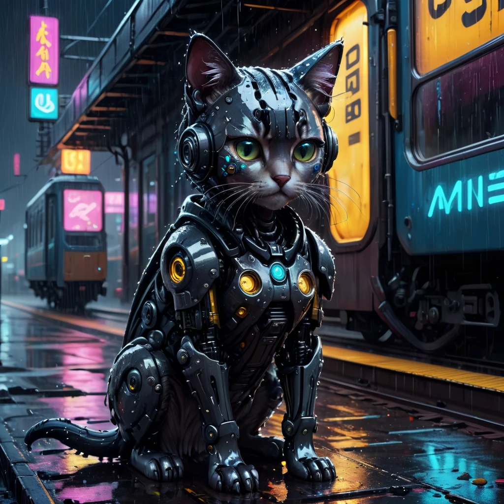 High Resolution, High Quality, Masterpiece. High Resolution, High Quality, Masterpiece. Cyberpunk scene, acrylics, hyperdetailed wet gear mecha-kitten exhibiting signs of sadness, abandonment, perched pitifully at a train station, rain falling heavily, individual raindrops reflecting neon ambiance, abstract black oil textures on wet surfaces, gears and cybernetic components visible under intricate acrylic brushwork, grunge aesthetic, neon lights casting dramatic shadows, emotions evoked to the point of tears, in a hyperrealistic style using Unreal Engine rendering, 32k