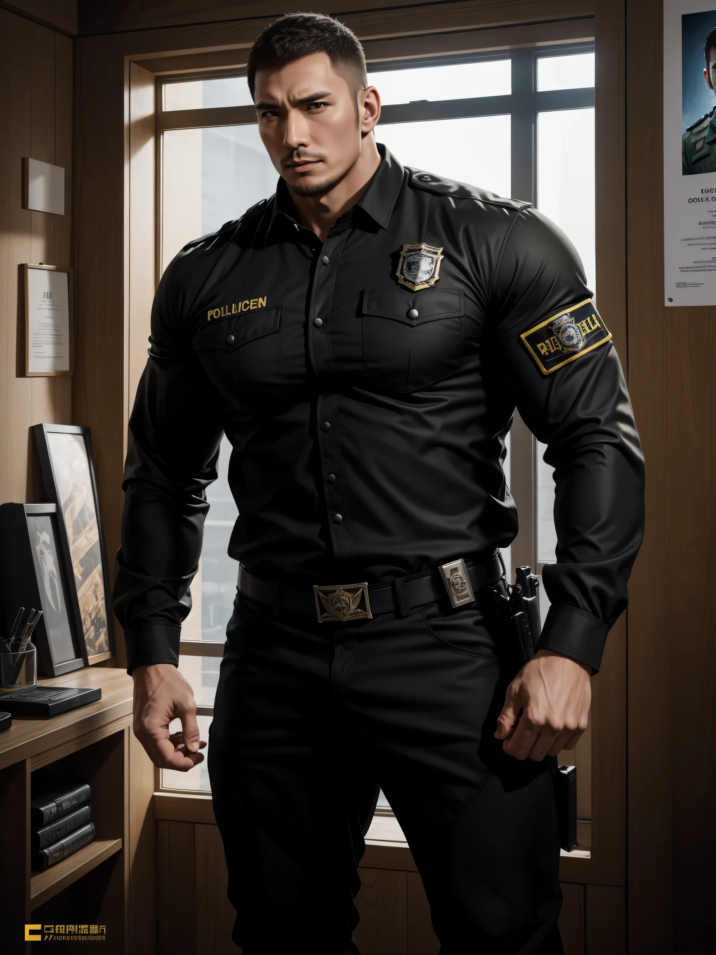 Tall giant muscular肌肉男警官，Yellow and black long-sleeved jacket police uniform，Wear it over a shirt，police certificate，fitness mural poster，character concept（Resident Evil - chris redfield，chris redfield）proud expression，Deep and charming eyes，heroic male pose，高大burly，muscular！muscular大腿，tough guy，perfect facial features，High, burly, Heqiang， Super gain and cool， high resolution committee，Charming strong man，The bright sunshine shines on the face through the window